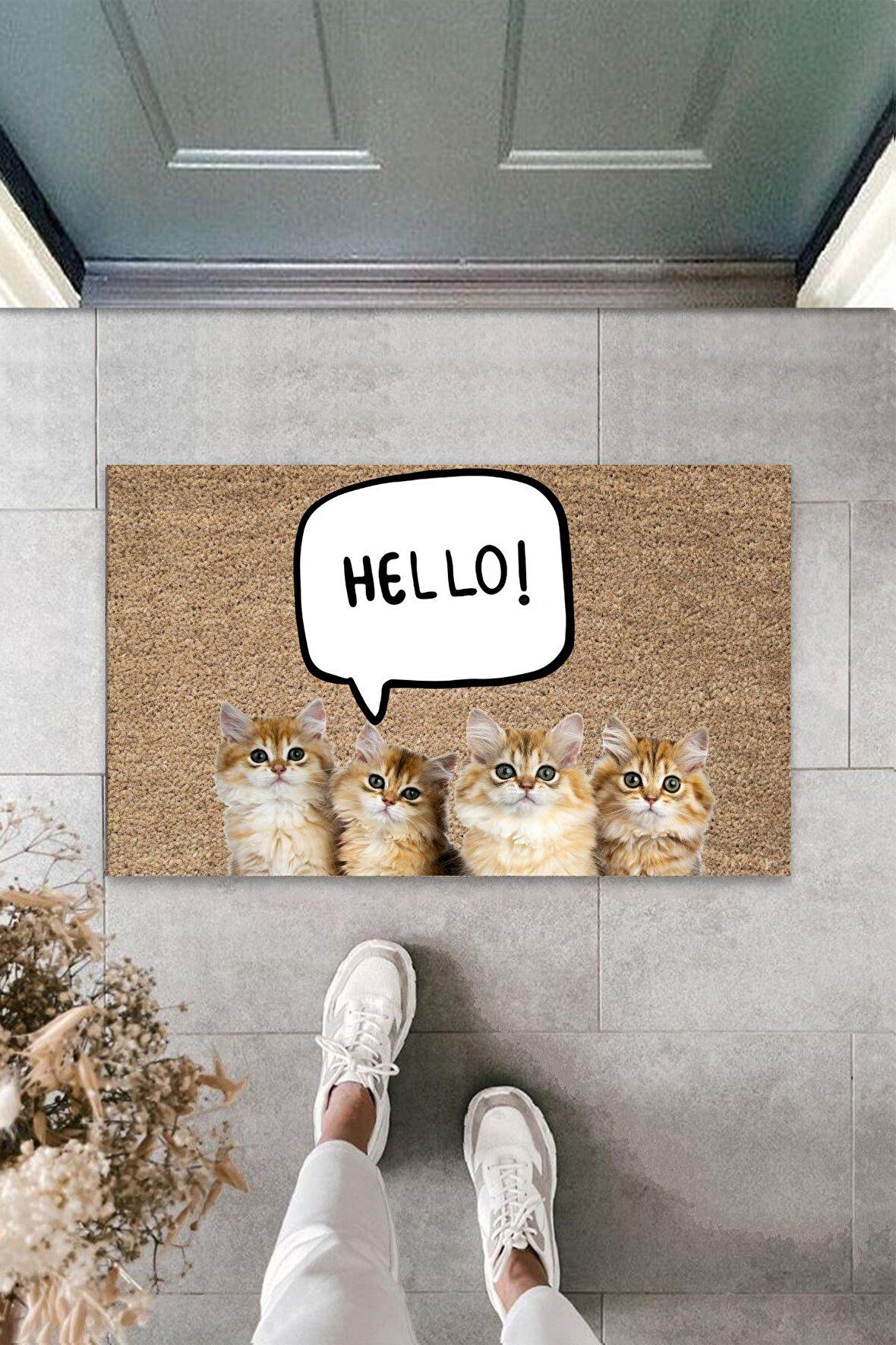 Dormot Home Modern Dijital Baskı Hello Kedi Temalı Kapı önü paspası