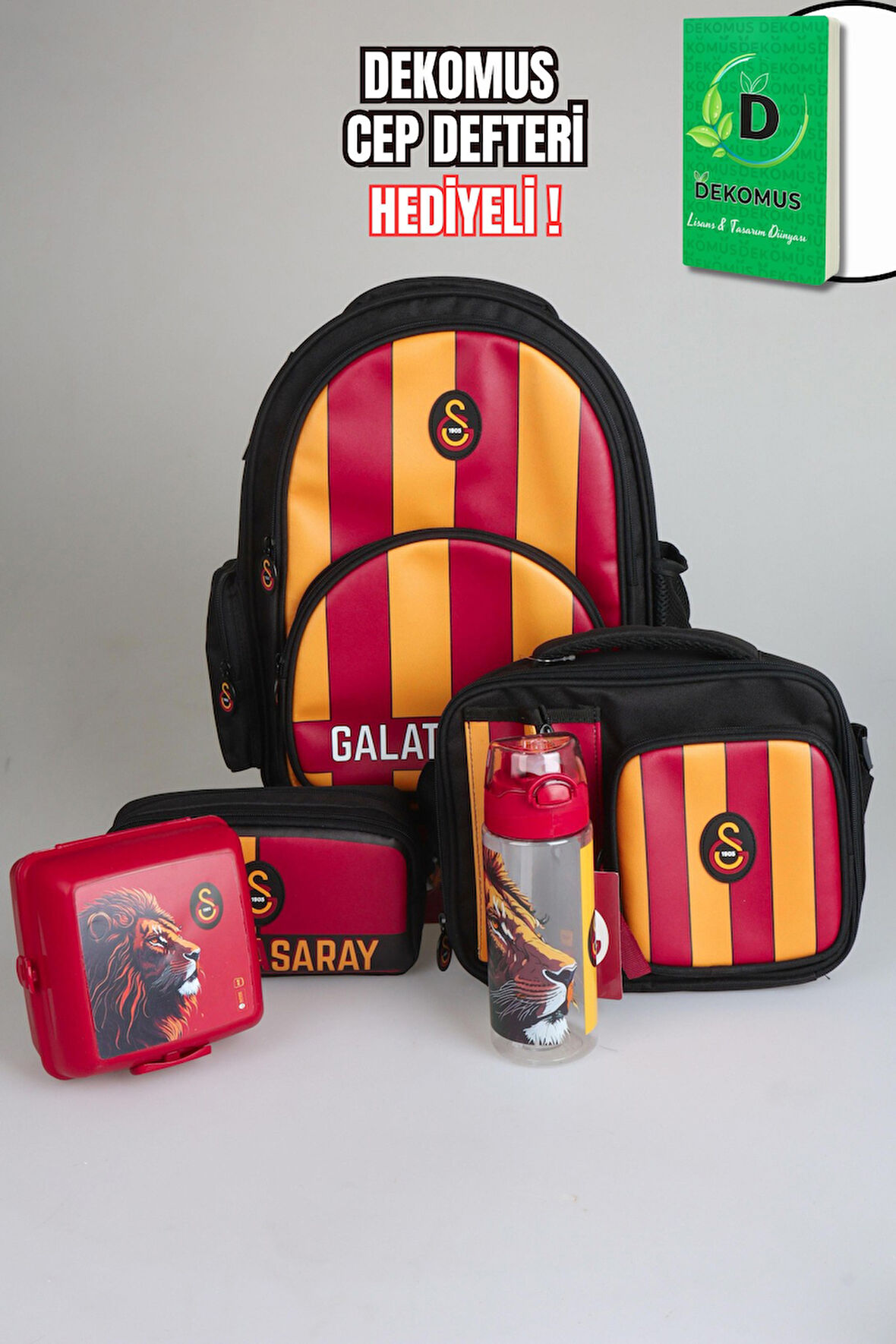 "DEKOMUS CEP DEFTERİ HEDİYELİ" YENİ SEZON LİSANSLI GALATASARAY PARÇALI OKUL,3 BÖLMELİ BESLENME VE KALEM ÇANTASI İLE 500 ML MATARA,BESLENME KABI SETİ