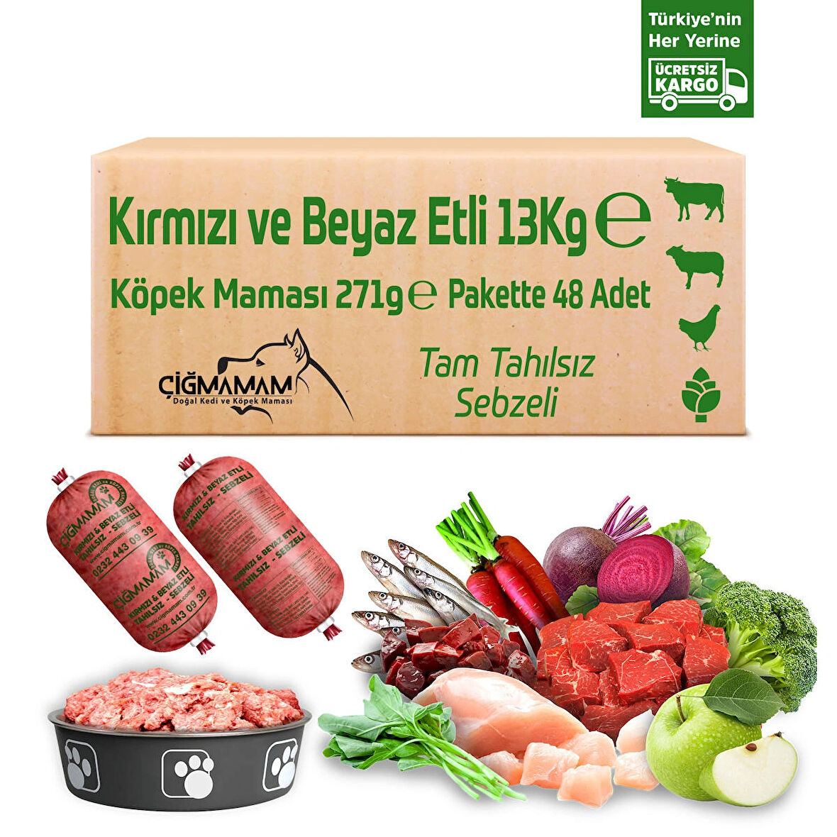 Kırmızı ve Beyaz Etli Tahılsız 13 Kg 271 Gr 48 Adet Çiğmamam Barf Köpek Maması