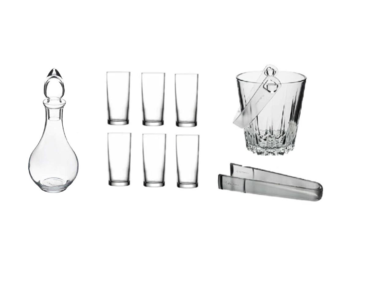 Paşabahçe rakı bardak ve 9 prç. rakı bardağı ve buz kovası seti su şişeli 