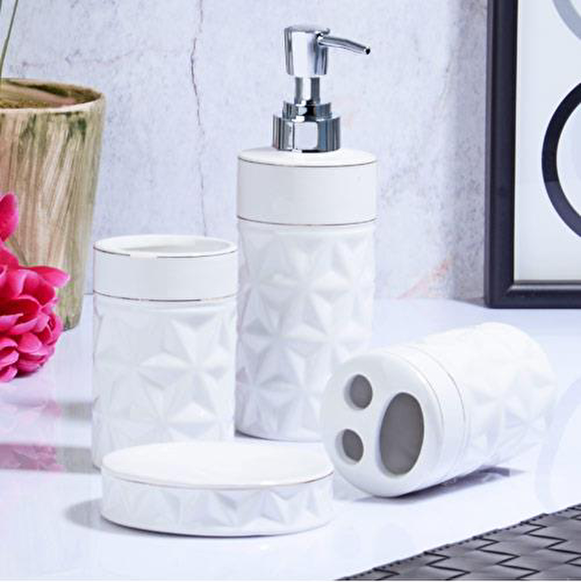 Ksv stonware 4 lü banyo seti takımı - sıvı sabunluk seti msb-06875