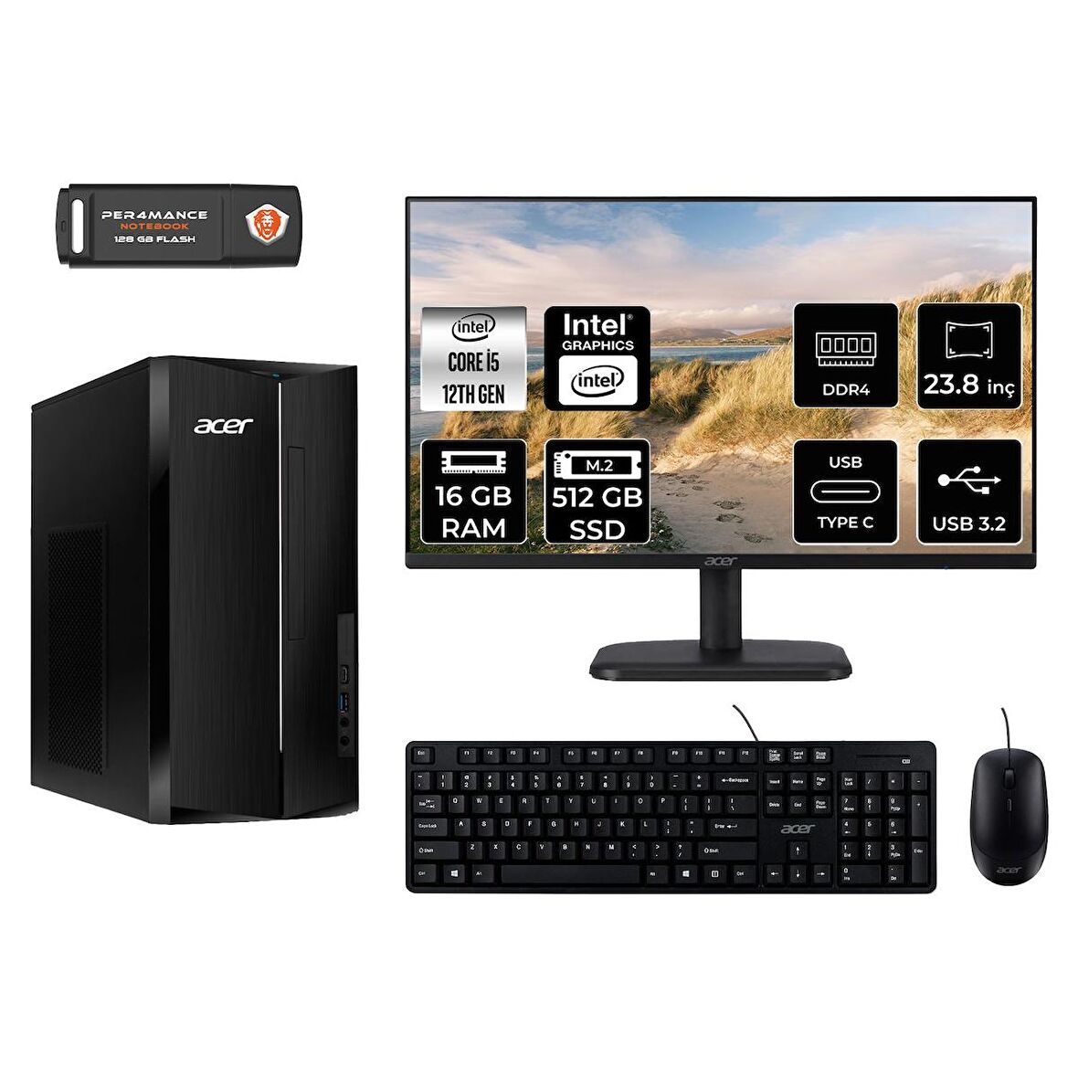 Acer Aspire TC1760 i5 12400 16GB 512GB SSD FDOS DT.BHUEM.005 MASAÜSTÜ PC & 23.8" MONİTÖR