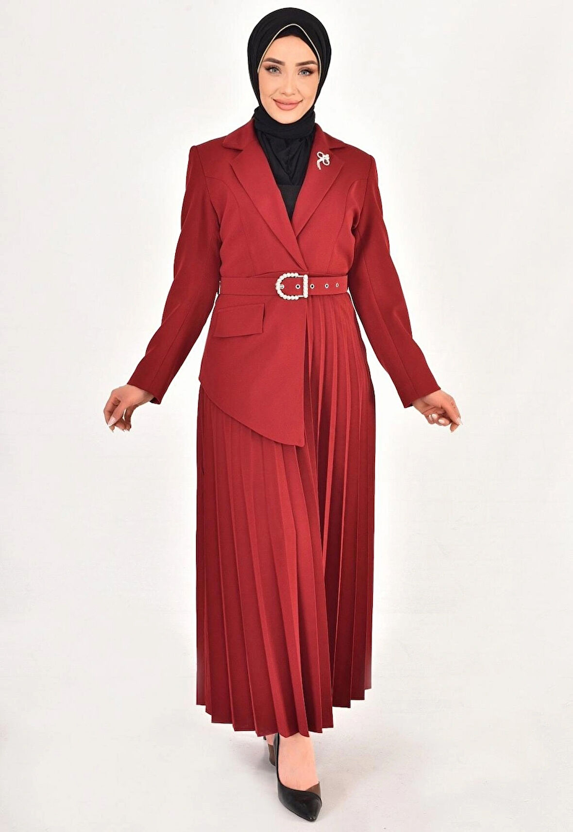 DOUBLE KUMAŞ ETEĞİ PİLİSE DETAYLI KRUVAZE YAKA TESETTÜR ELBİSE