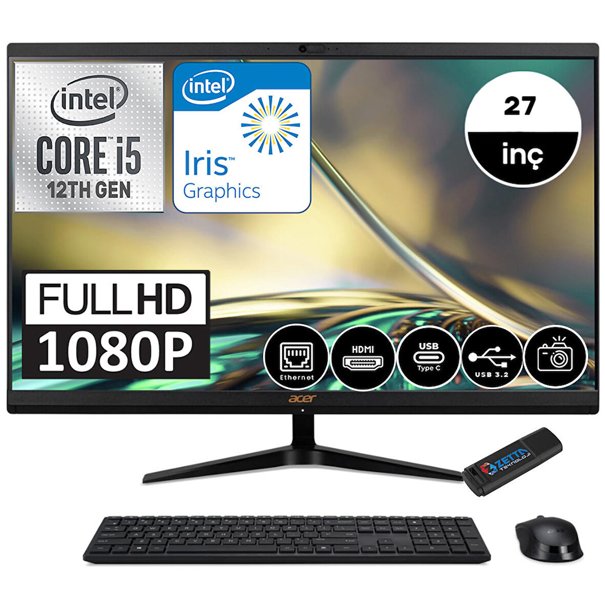 Acer Aspire C27-1700 DQBJKEMWH009 Intel Core i5-1235U 16 GB Ram 1 TB SSD Iris Xe Graphics 27" Full HD All in One PC + Zetta Flash Bellek
