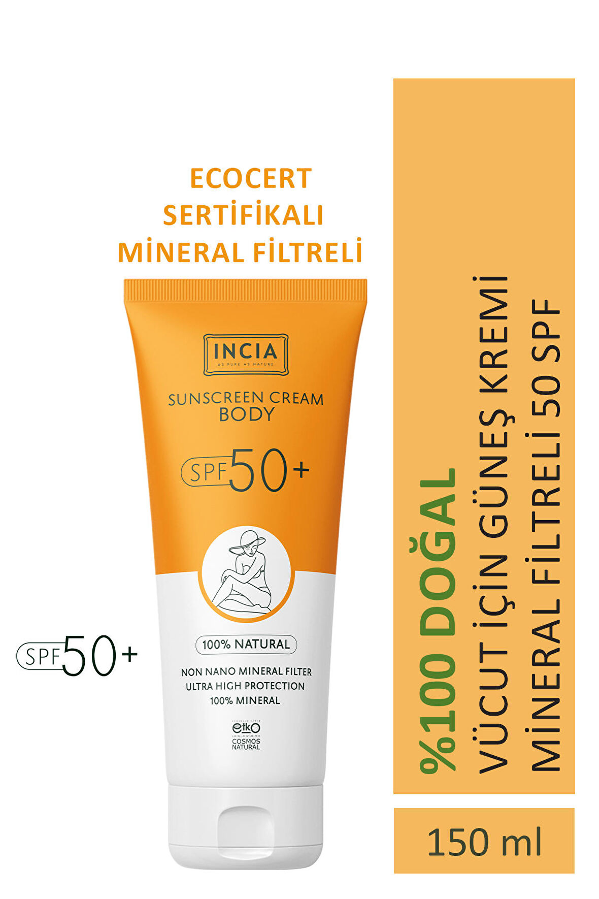 INCIA %100 Doğal Vücut Güneş Kremi Leke Karşıtı Mineral Filtreli Yüksek Koruma SPF50 UVA UVB 150 ml