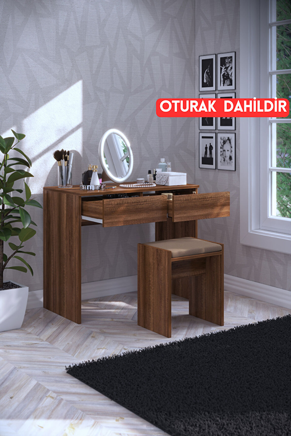 Mars İki Çekmeceli Tabureli Makyaj Masası