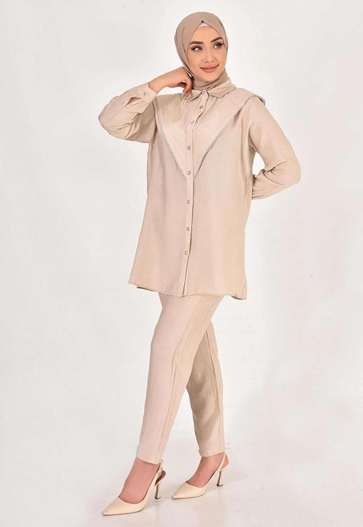 LİNA KETEN KUMAŞ TAŞ DETAYLI TESETTÜR 2Lİ TAKIM