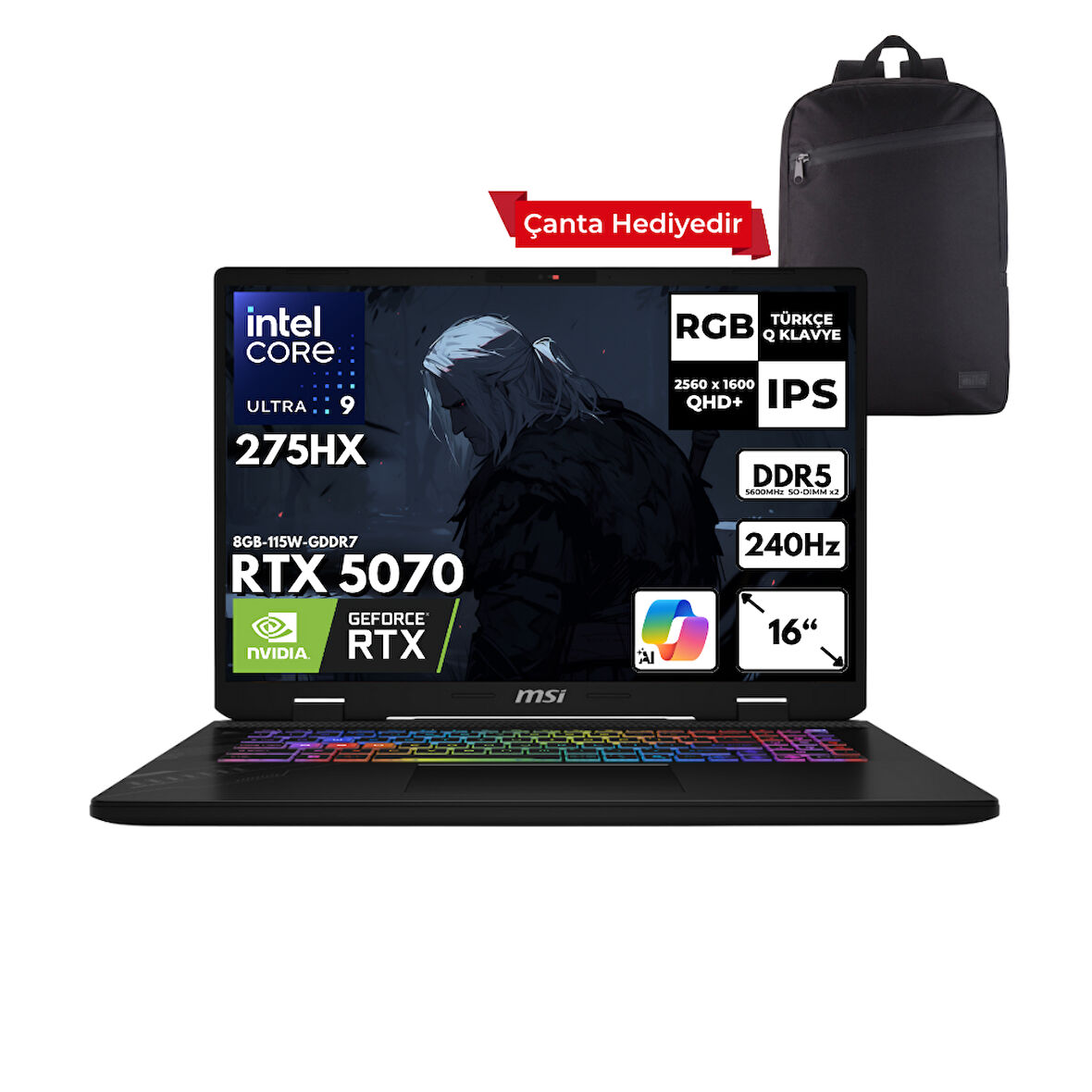 MSI CROSSHAIR 16HX AI Ultra 9-275HX 48-GBDDR5 4 TBSSD RTX5070 (8GB-115W-GDDR7) 16" 2K QHD+ 240Hz Windows 11 Home + HMF Sırt Çantası D2XWGKG-047XTRHMF35