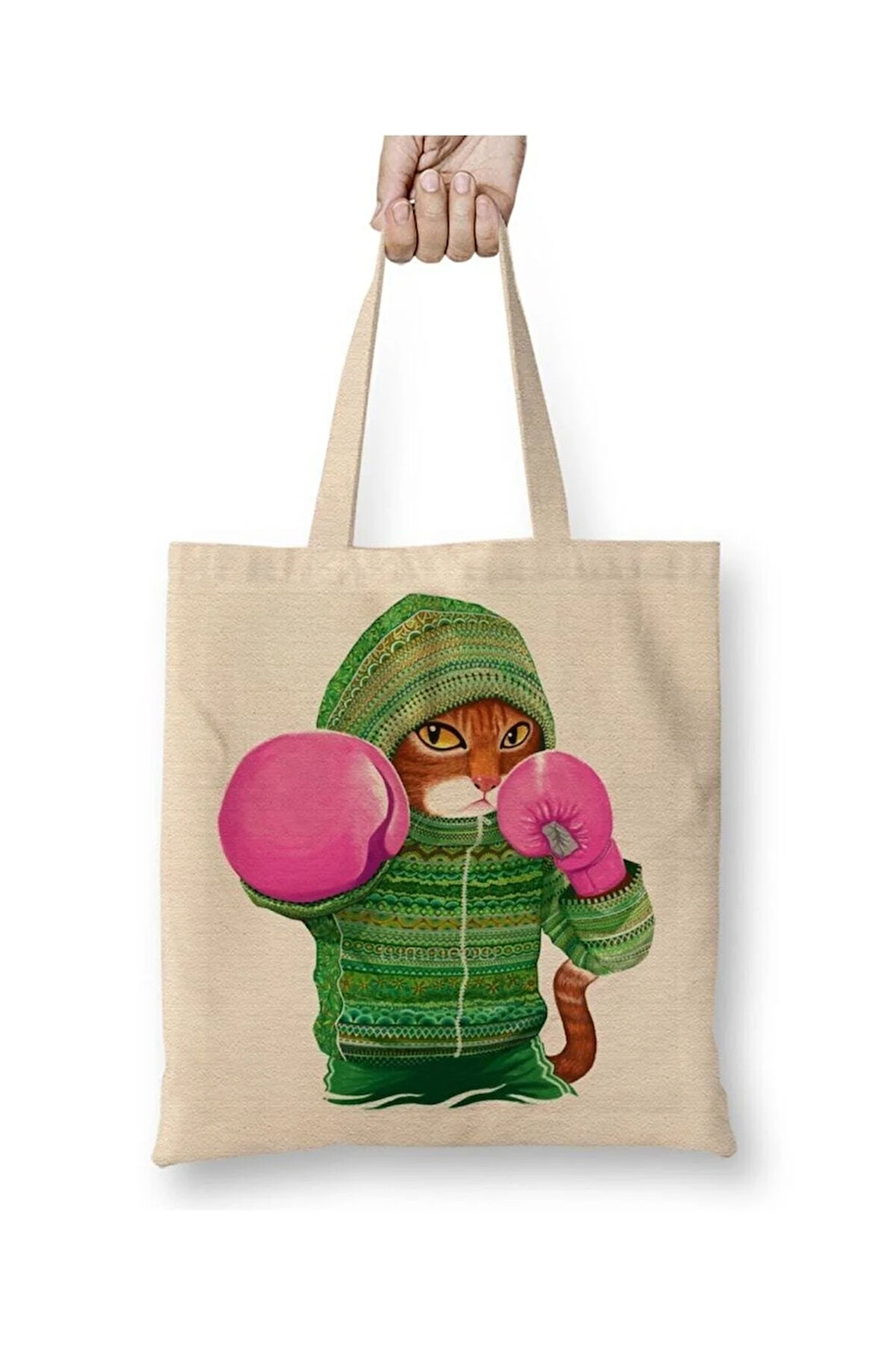 Boks Kedi Cats Kıck Boks Muay Thai Beyaz Bez Çanta Uzun Saplı Alışveriş Çantası Plaj Çantası