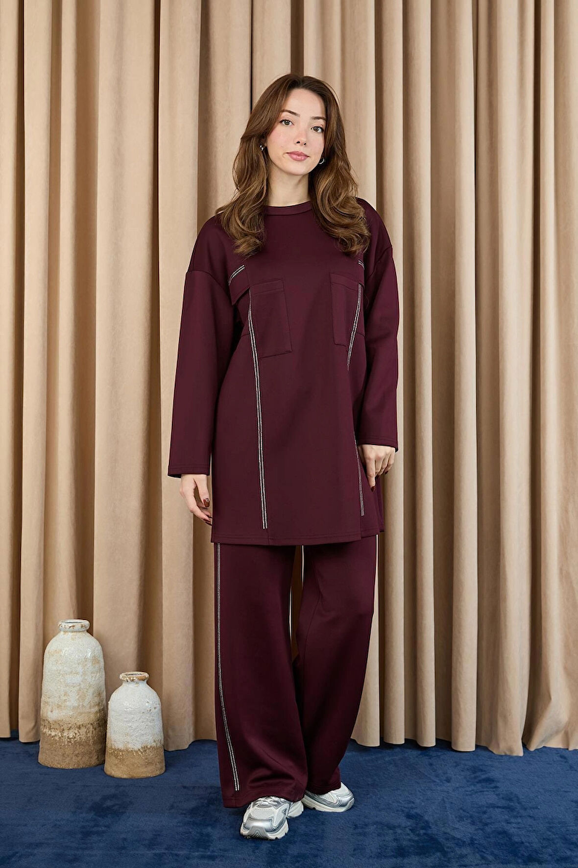 Puane Scuba Kumaş Taş Detaylı Takım