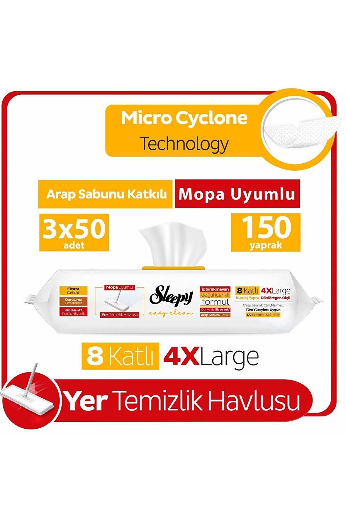 Sleepy Easy Clean Arap Sabunu Katkılı Mopa Uyumlu Yer Temizlik Havlusu 3x50 (150 YAPRAK)