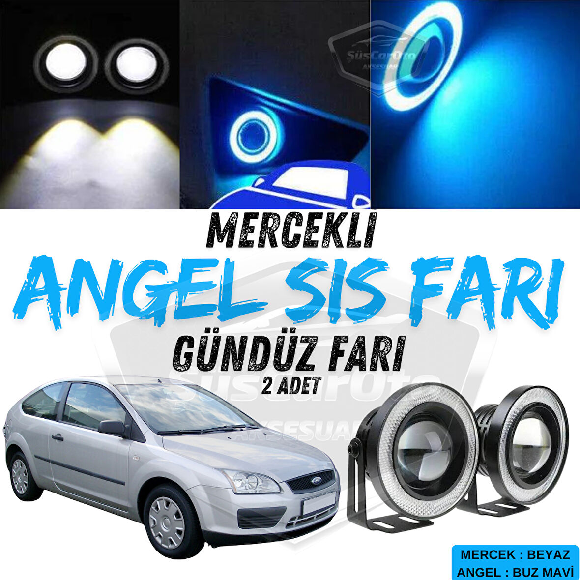 Ford Focus 2 2004-2008 Uyumlu Üniversal Mercekli Angel Sis Farı Metal Su Geçirmez 76 mm Buz Mavi Halkalı Gündüz Farı Angel Eyes 2 Adet