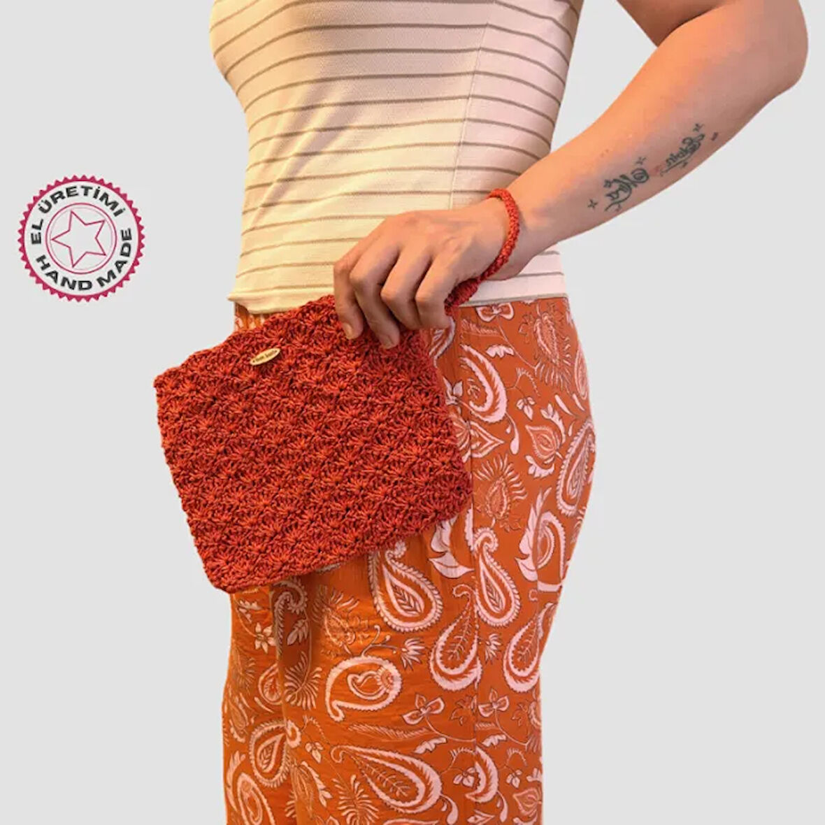 Uretti - Ayşegül 6289 El Yapımı Desenli Kağıt İp  Clutch Çanta 19cm - Kırmızı