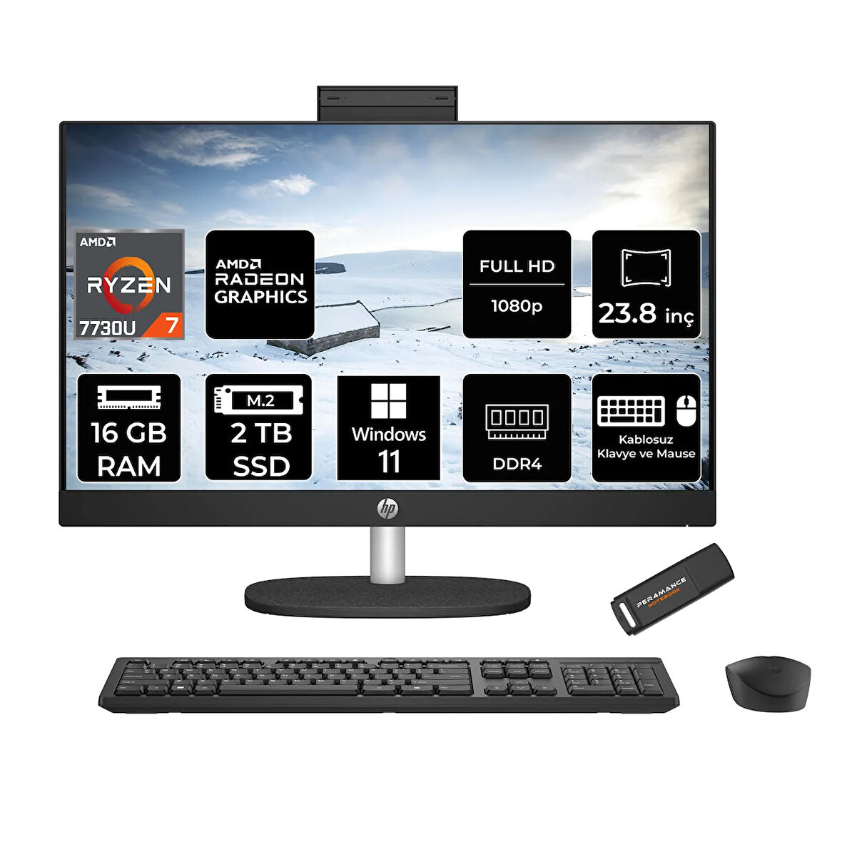 HP 24-CR0013NT R7 7730U 16GB 2TB SSD Radeon Graphics 23.8" FHD IPS W11P All In One PC Siyah & PER4