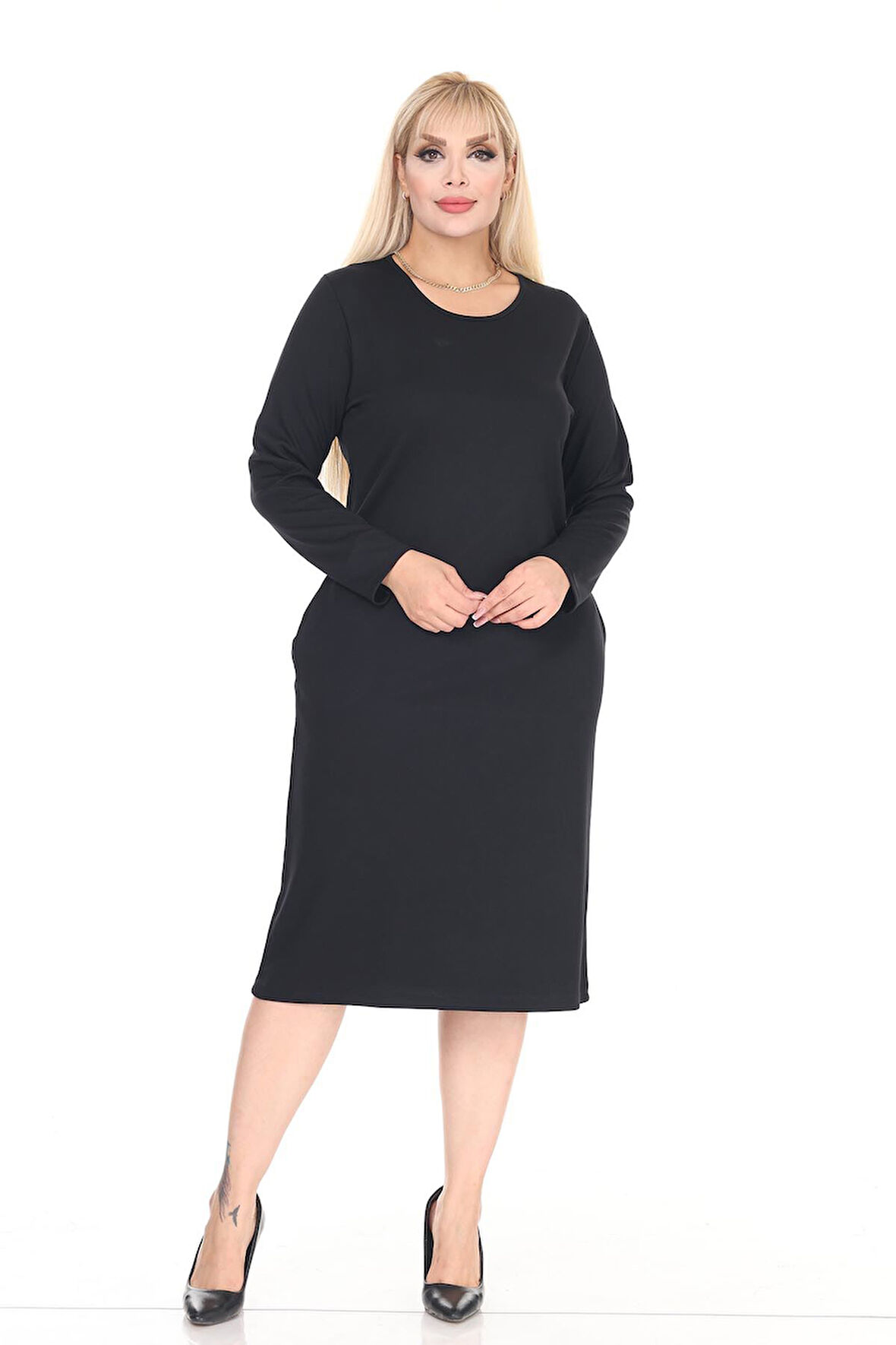 Çift Cepli Desenli Esnek Kışlık Büyük Beden Midi Elbise 17C-2711