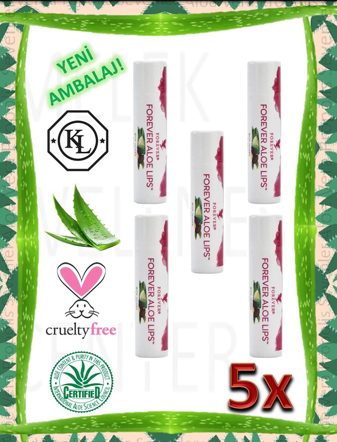 Forever Aloe Lips- Dudak Koruyucu Krem - (ALOE VERA ve JOJOBA İÇERİR) -5 Adet
