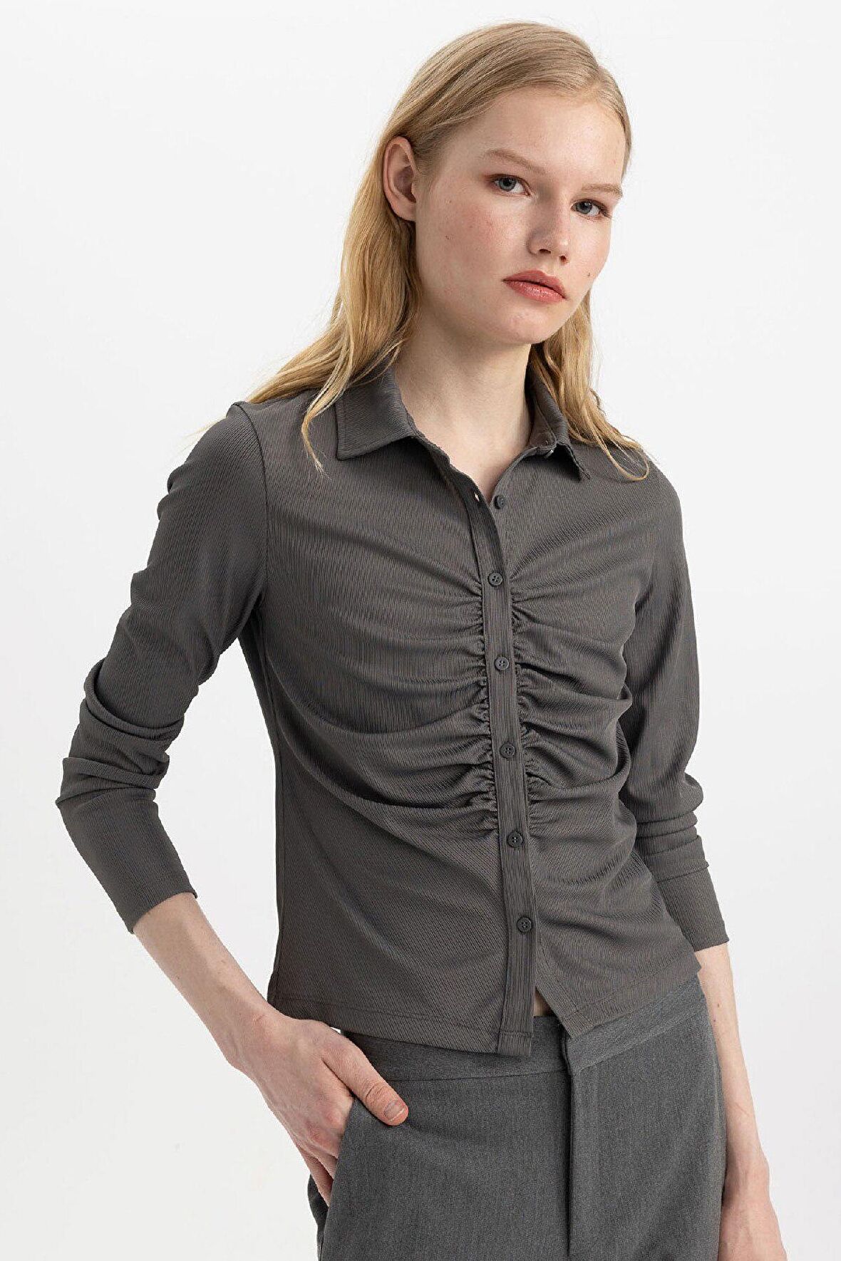 DeFacto Slim Fit Dar Kesim Polo Yaka Basic Düz Fitilli Kaşkorse Uzun Kollu Tişört C1326AX24SPGR452