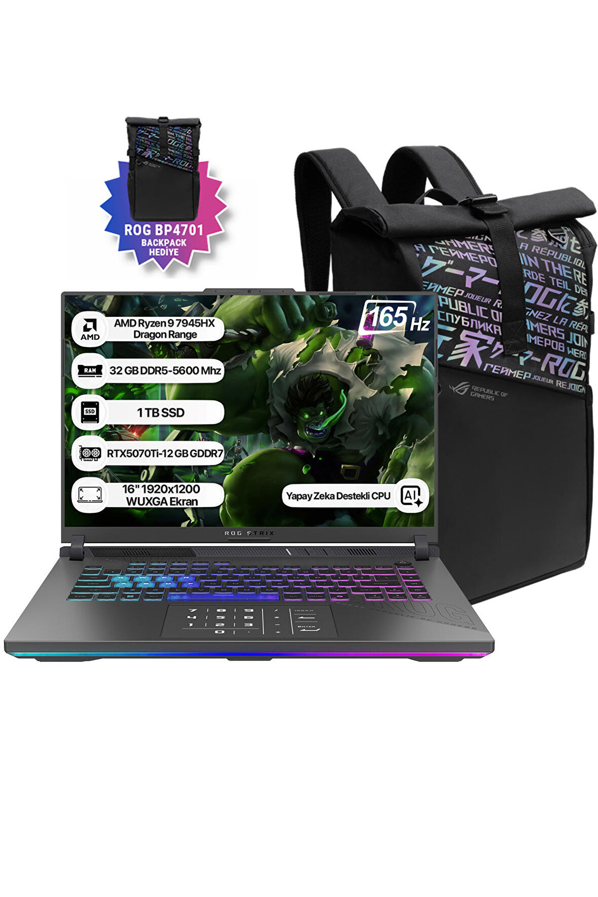 Asus Rog Strix G16 G614PR-RV052 AMD Ryzen 9 7945HX 32GB 1TB SSD RTX5070Ti-12GB Freedos 16" 165 Hz WUXGA Taşınabilir Bilgisayar