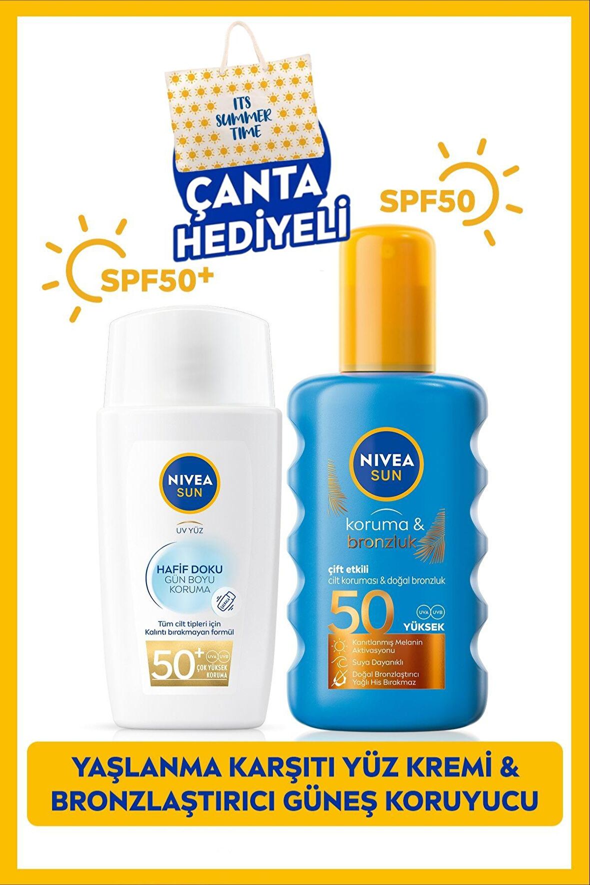 Nivea Sun Hafif Dokulu Güneş Yüz Kremi 40ml Ve Koruyucu Bronzlaştırıcı Güneş Spreyi 200ml, Spf50, Çantalı