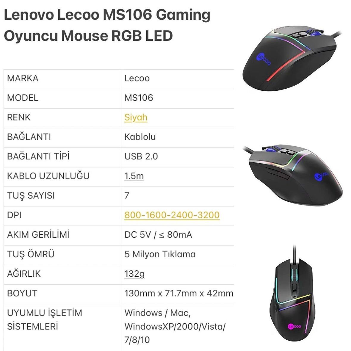 Lenovo Lecoo MS 106 Gaming Mouse 