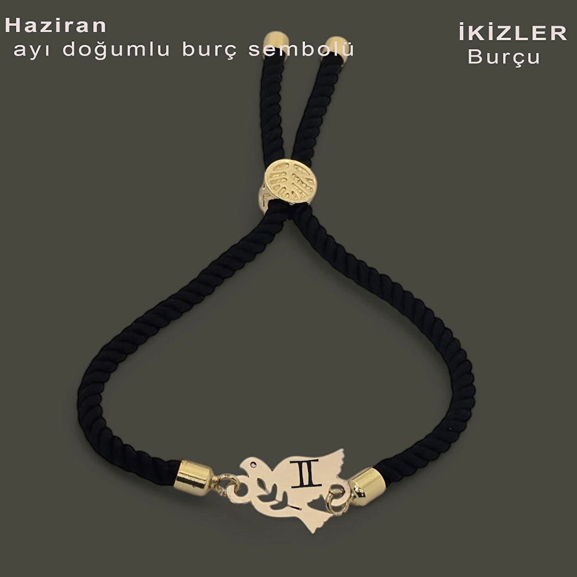 Yaz Esintili Kuş Motifli Siyah Örgülü ve 14 Ayar Altın Plakalı Haziran Bilekliği