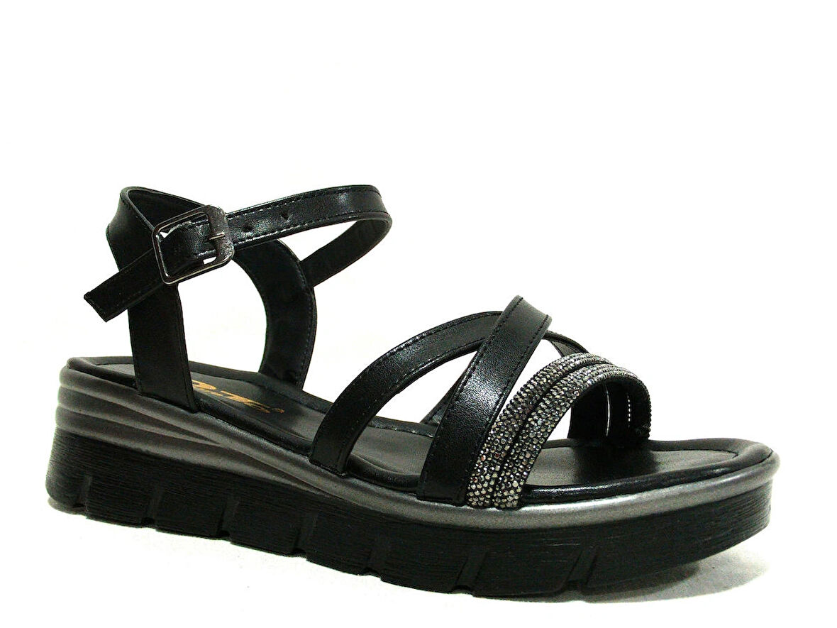 Punto Siyah Platin Pırlanta Taşlı Tokalı Anatomik Comfort Sandalet