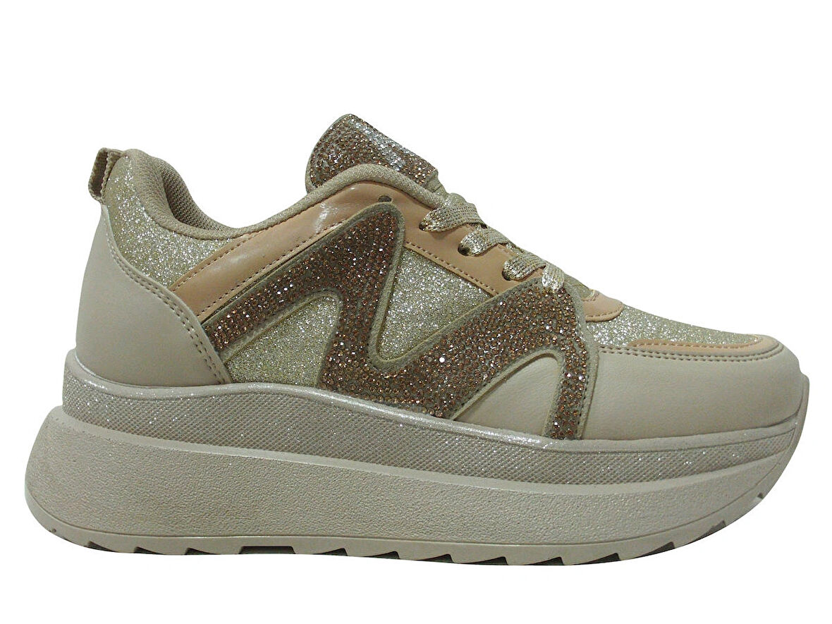 Miamarya Vizon Altın Camel Yüksek Topuklu Bağcıklı Sneakers Spor Ayakkabı