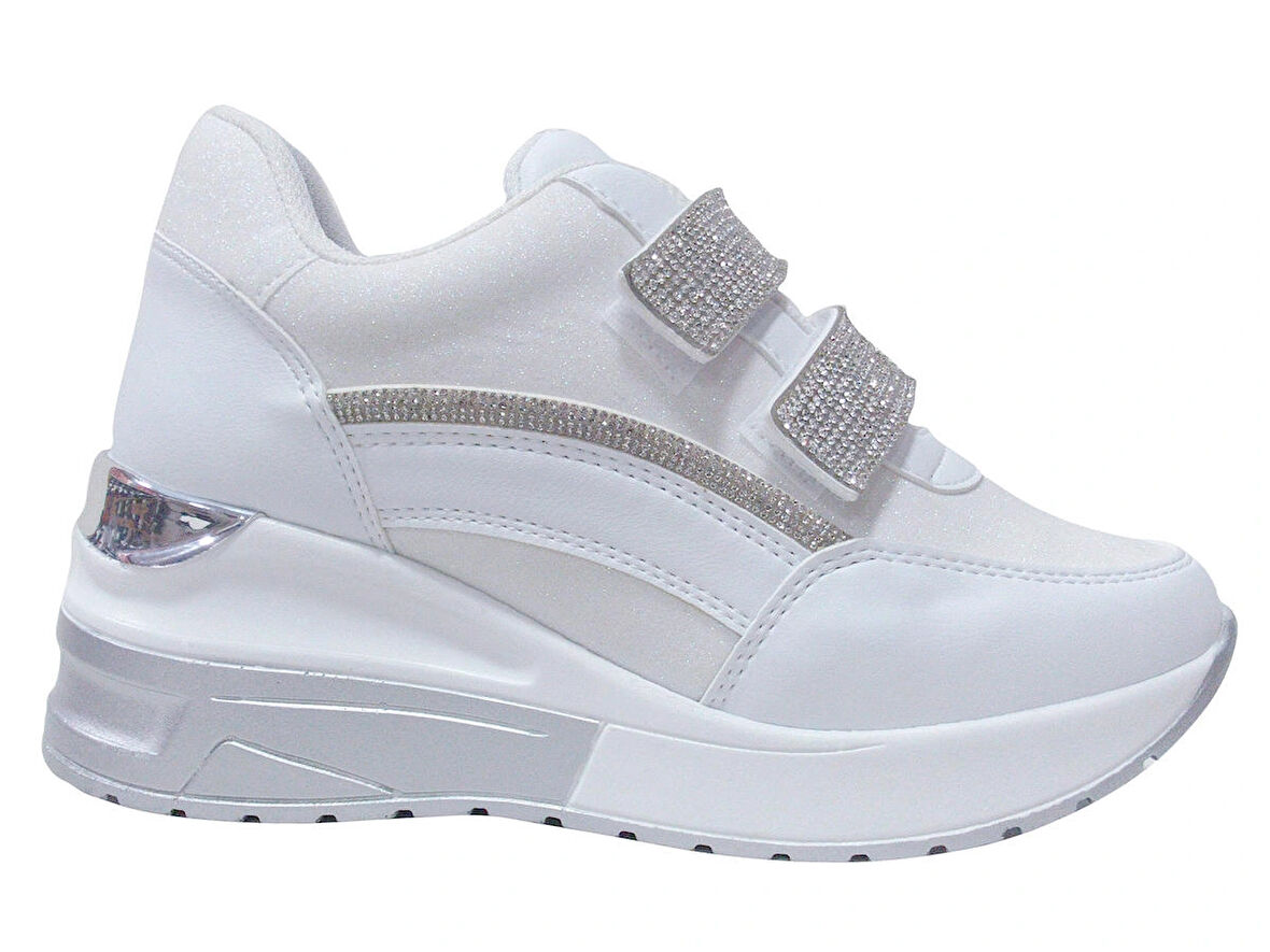 Modalendo Beyaz Gümüş Yüksek Topuklu Cırtlı Sneakers Spor Ayakkabı