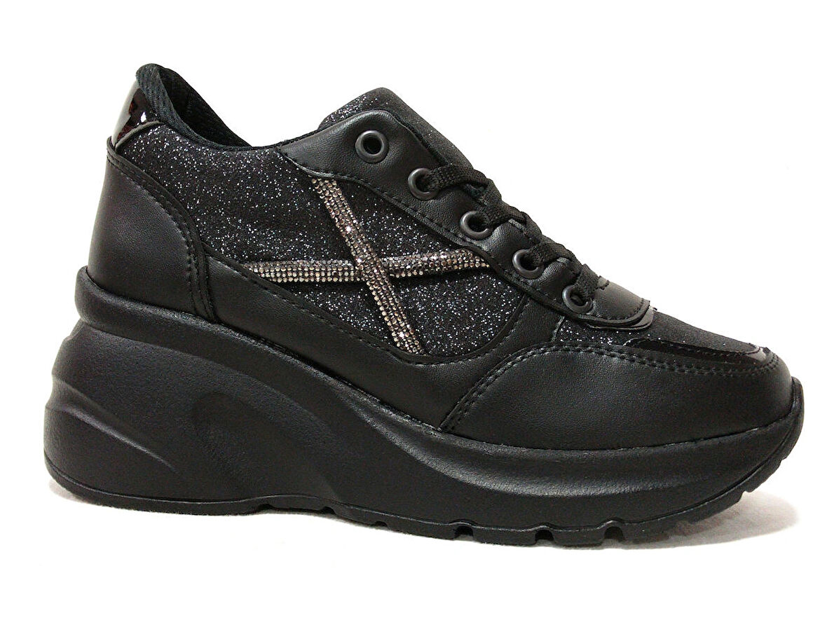 Modalendo Siyah Gümüş Yüksek Topuklu Bağcıklı Sneakers Spor Ayakkabı