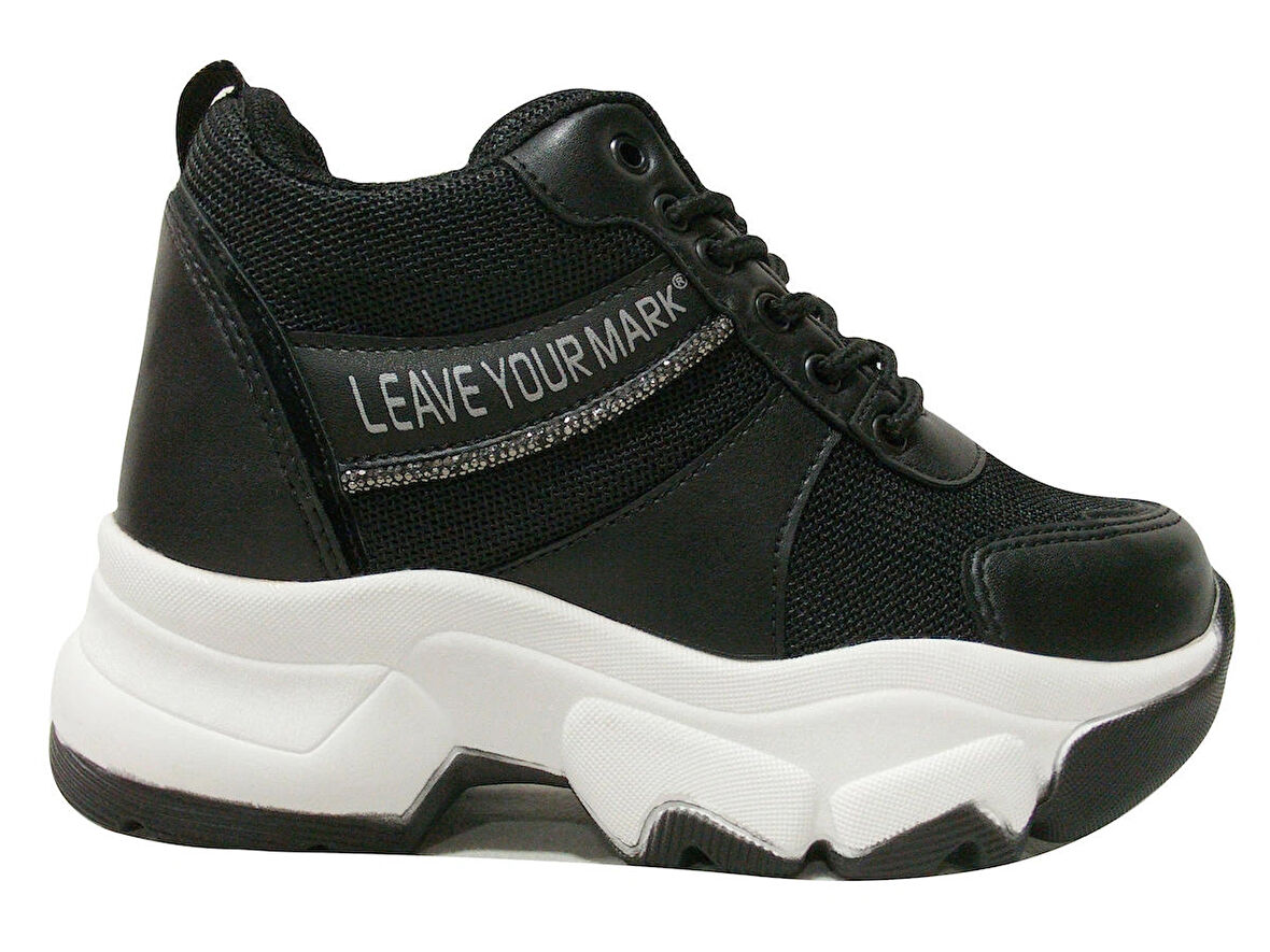 Flet Siyah Beyaz Yüksek Topuklu Bağcıklı Sneakers Spor Ayakkabı