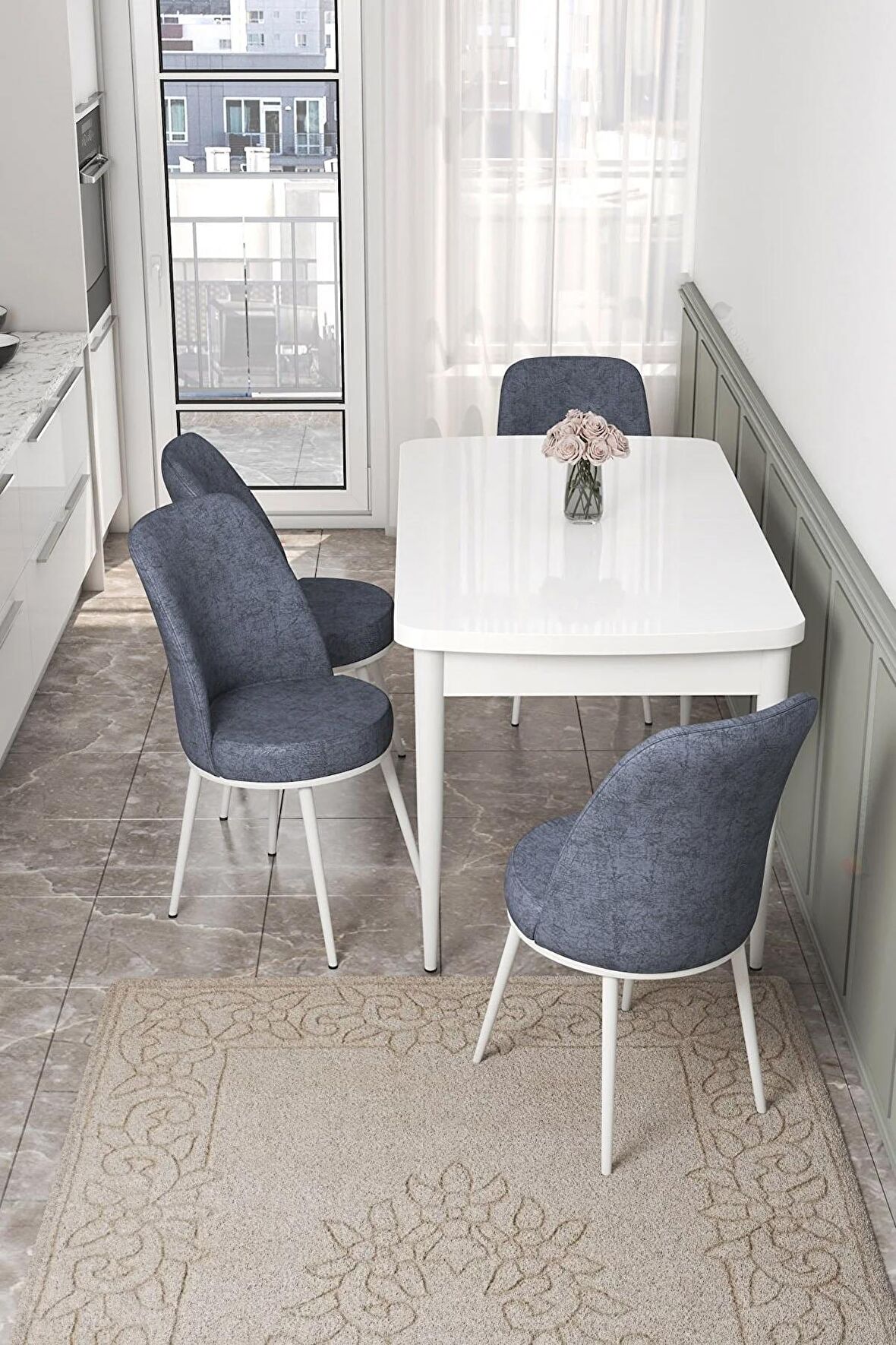 Rovena Leona Beyaz 80x132 Açılabilir Mdf Yemek Odası Takımı 4 Adet Sandalye