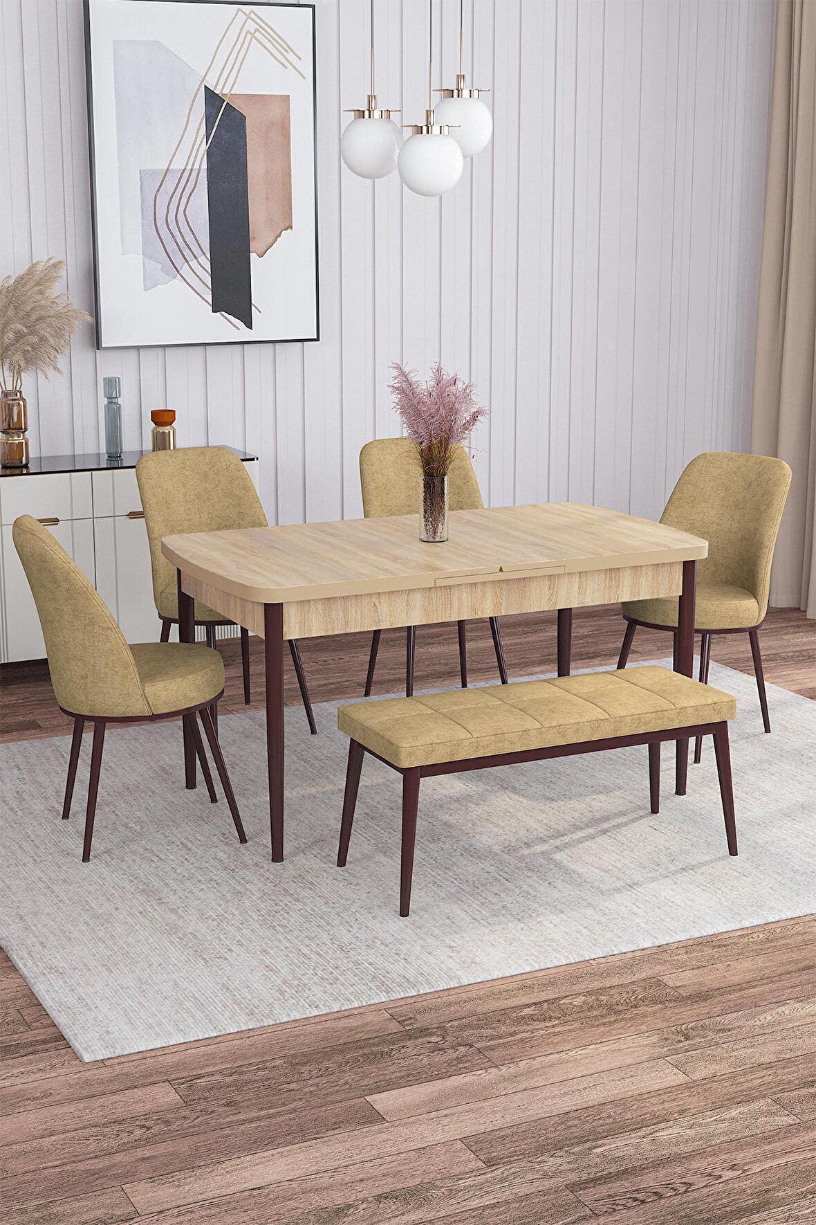 Rovena Leona Meşe 80x132 Açılabilir Mdf Yemek Odası Takımı 4 Adet Sandalye + 1 Bench
