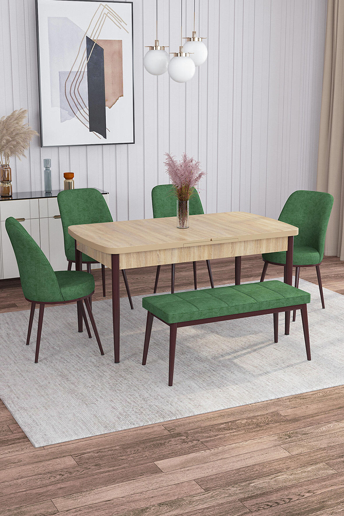 Rovena Leona Meşe 80x132 Açılabilir Mdf Yemek Odası Takımı 4 Adet Sandalye + 1 Bench