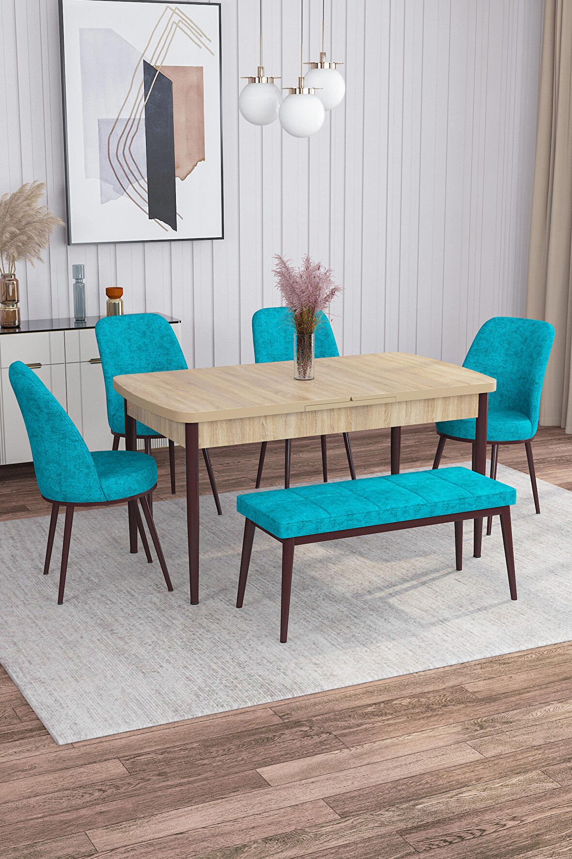 Rovena Leona Meşe 80x132 Açılabilir Mdf Yemek Odası Takımı 4 Adet Sandalye + 1 Bench