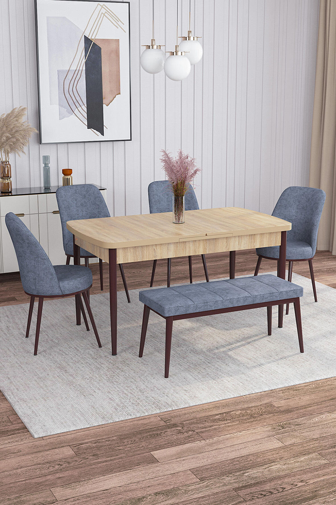 Rovena Leona Meşe 80x132 Açılabilir Mdf Yemek Odası Takımı 4 Adet Sandalye + 1 Bench