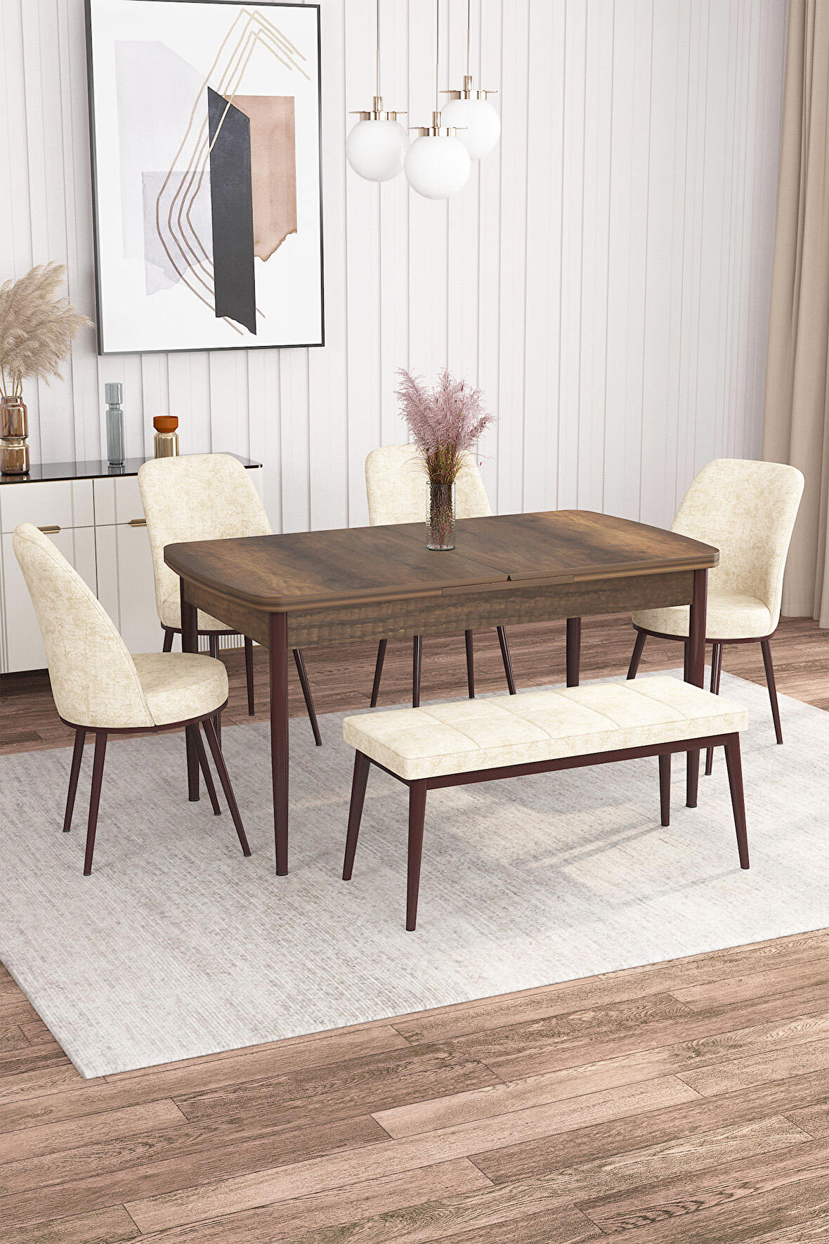 Rovena Leona Barok 80x132 Açılabilir Mdf Yemek Odası Takımı 4 Adet Sandalye + 1 Bench