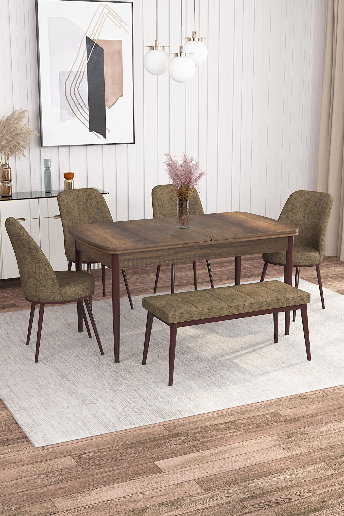 Rovena Leona Barok 80x132 Açılabilir Mdf Yemek Odası Takımı 4 Adet Sandalye + 1 Bench