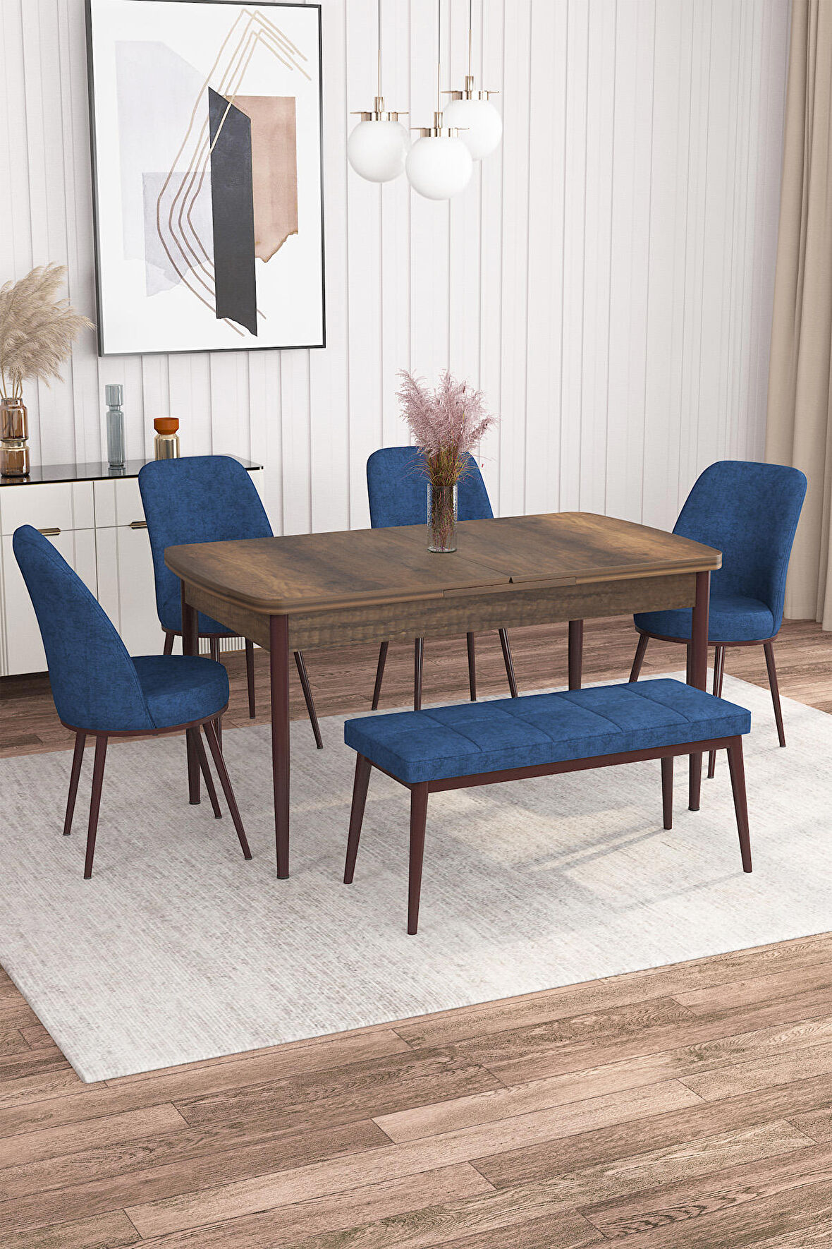 Rovena Leona Barok 80x132 Açılabilir Mdf Yemek Odası Takımı 4 Adet Sandalye + 1 Bench