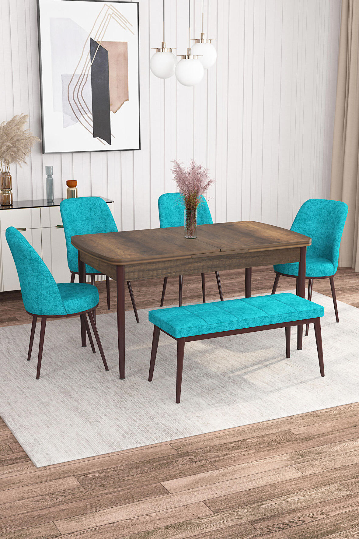 Rovena Leona Barok 80x132 Açılabilir Mdf Yemek Odası Takımı 4 Adet Sandalye + 1 Bench