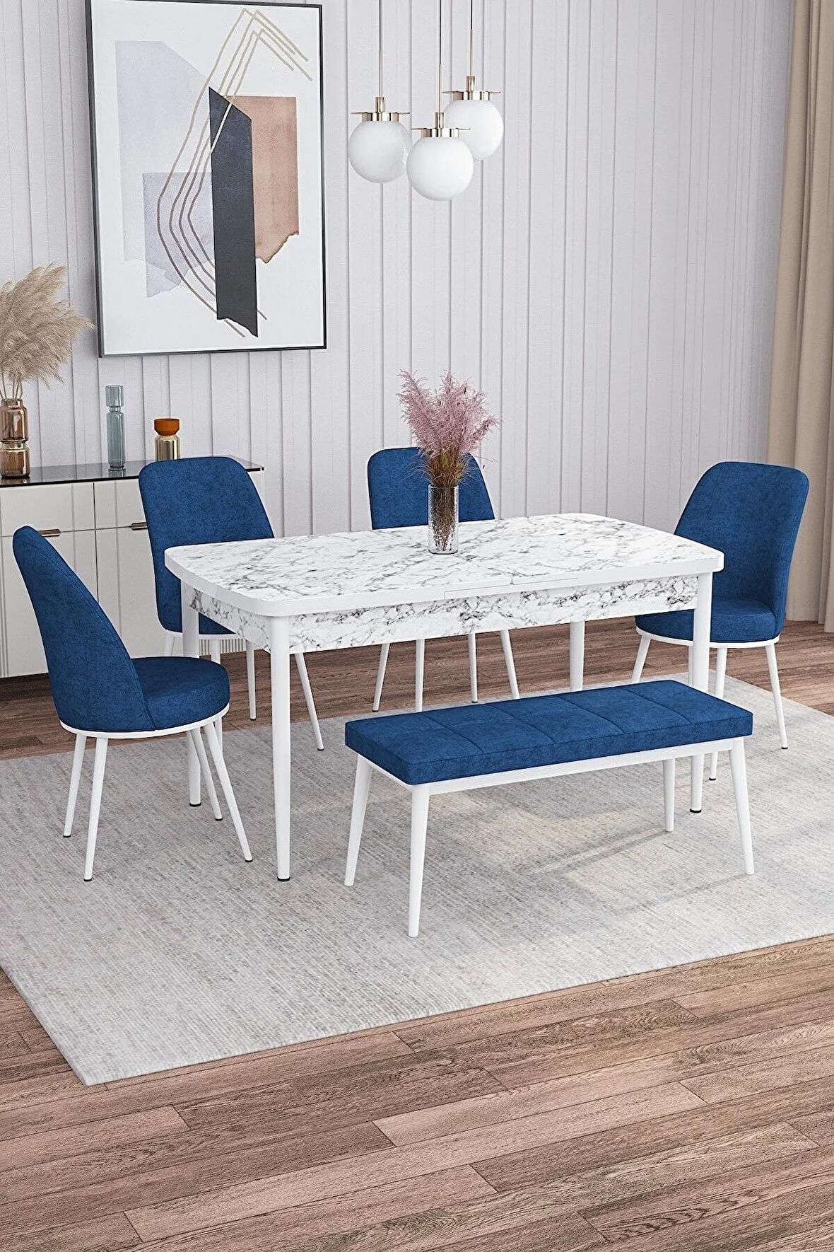 Rovena Leona Beyaz Mermer 80x132 Açılabilir Mdf Yemek Odası Takımı 4 Adet Sandalye + 1 Bench