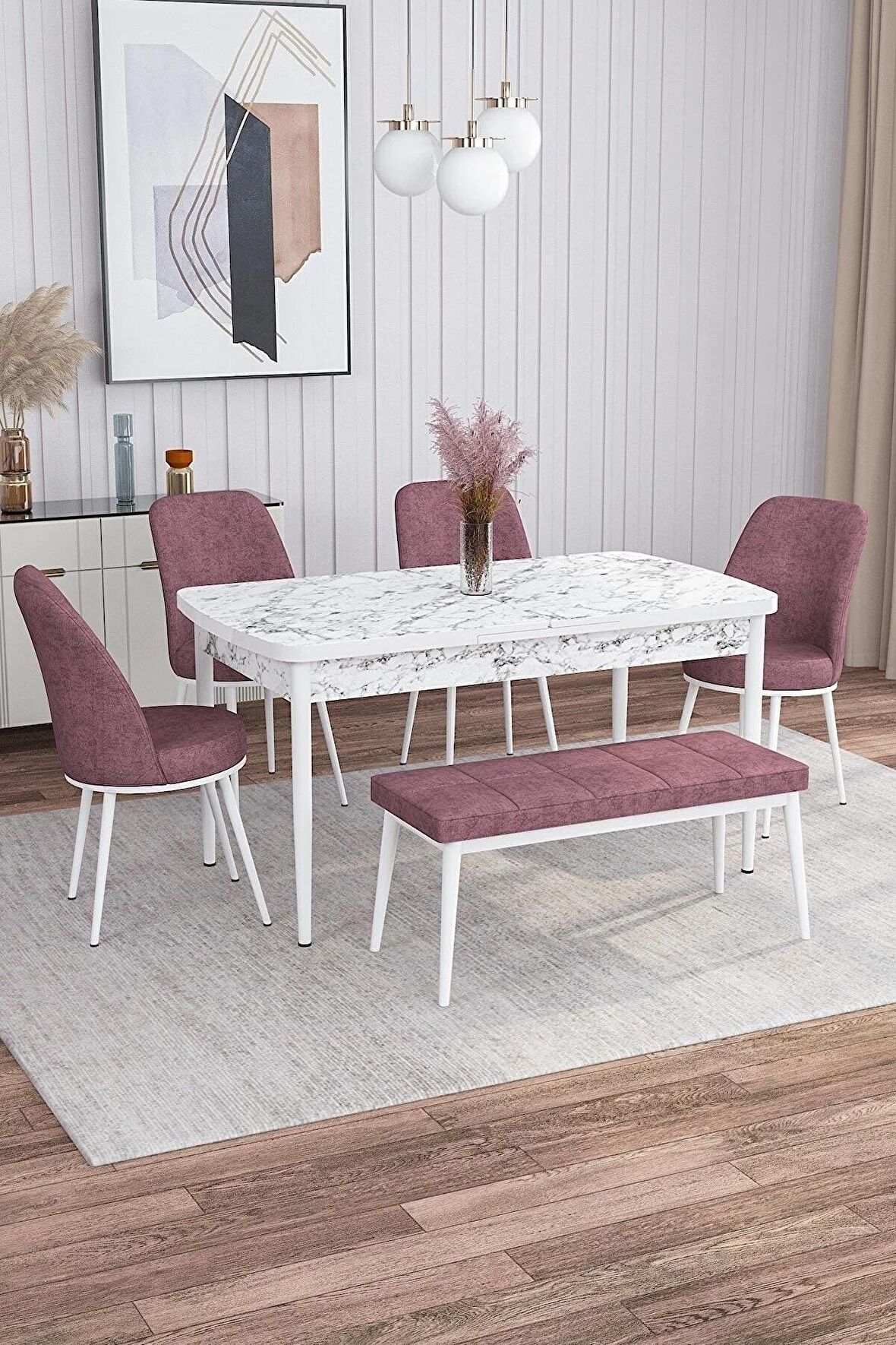 Rovena Leona Beyaz Mermer 80x132 Açılabilir Mdf Yemek Odası Takımı 4 Adet Sandalye + 1 Bench