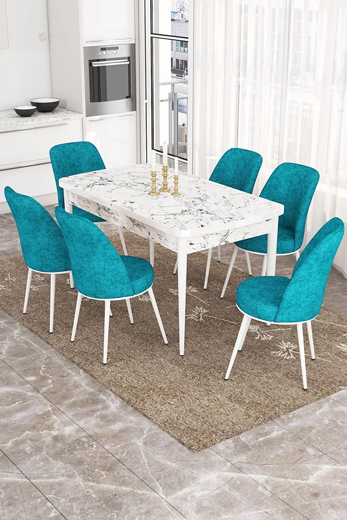 Rovena Leona Beyaz Mermer 80x132 Açılabilir Mdf Yemek Odası Takımı 6 Adet Sandalye