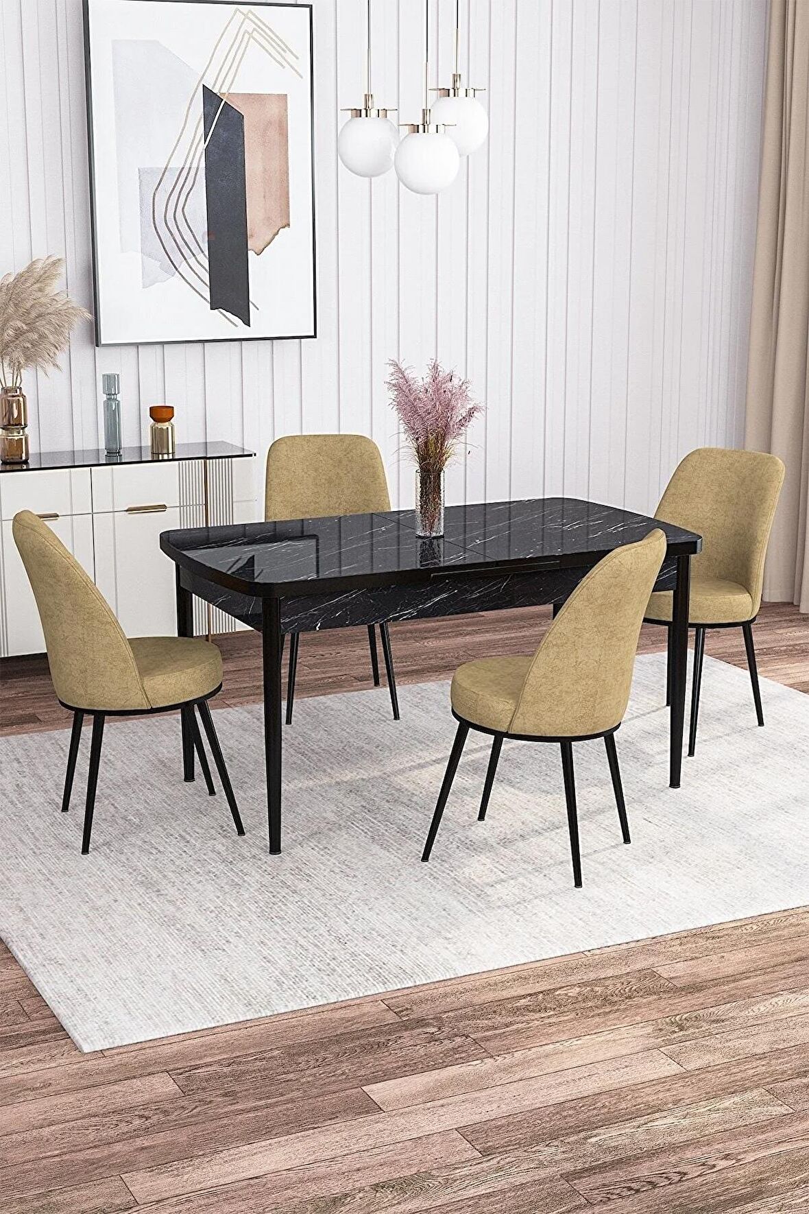 Rovena Leona Siyah Mermer 80x132 Açılabilir Mdf Yemek Odası Takımı 4 Adet Sandalye