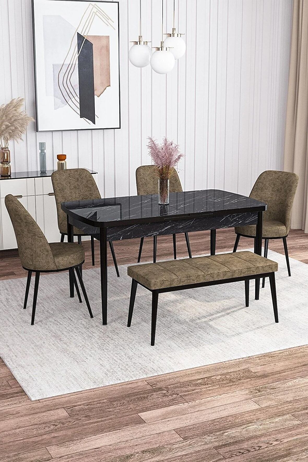Rovena Leona Siyah Mermer 80x132 Açılabilir Mdf Yemek Odası Takımı 4 Adet Sandalye + 1 Bench