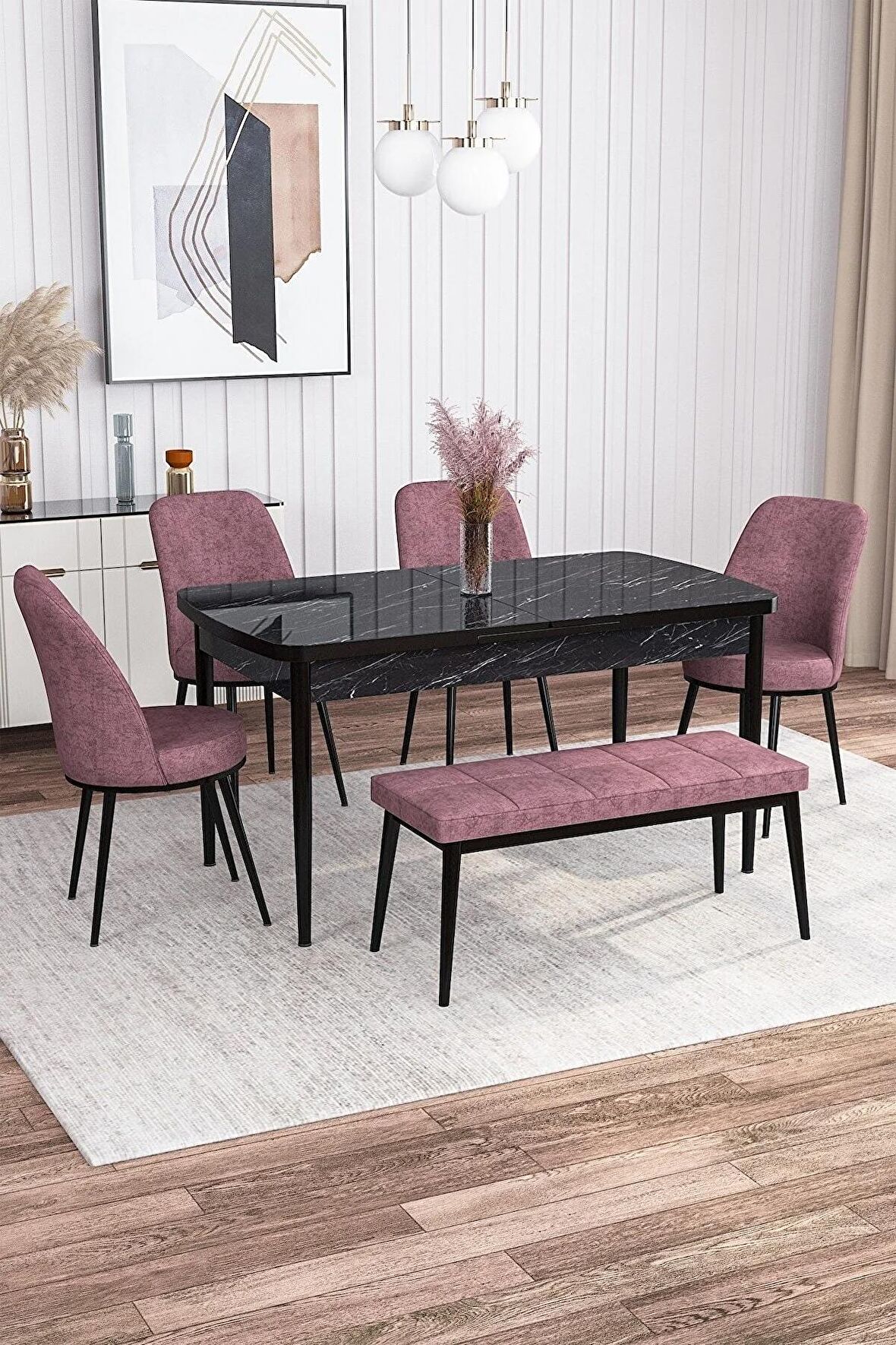 Rovena Leona Siyah Mermer 80x132 Açılabilir Mdf Yemek Odası Takımı 4 Adet Sandalye + 1 Bench