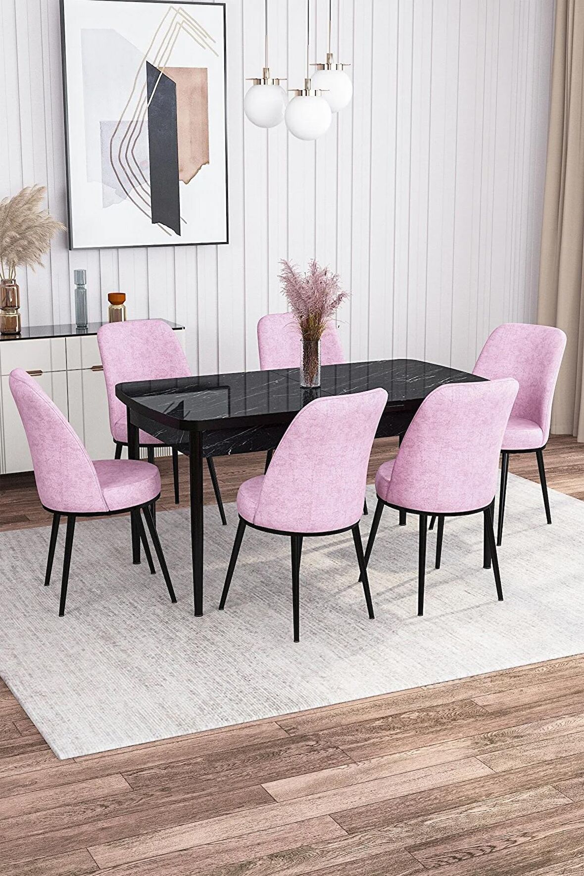 Rovena Leona Siyah Mermer 80x132 Açılabilir Mdf Yemek Odası Takımı 6 Adet Sandalye