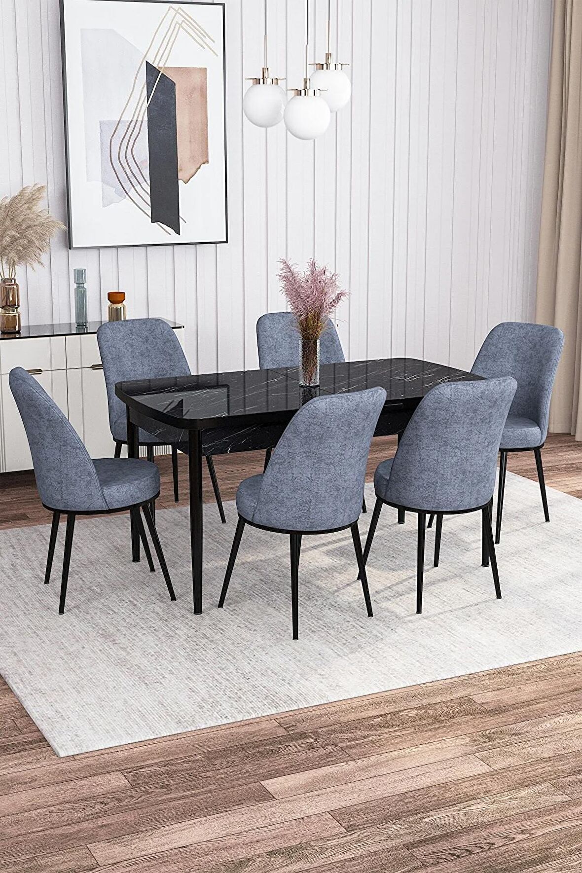 Rovena Leona Siyah Mermer 80x132 Açılabilir Mdf Yemek Odası Takımı 6 Adet Sandalye