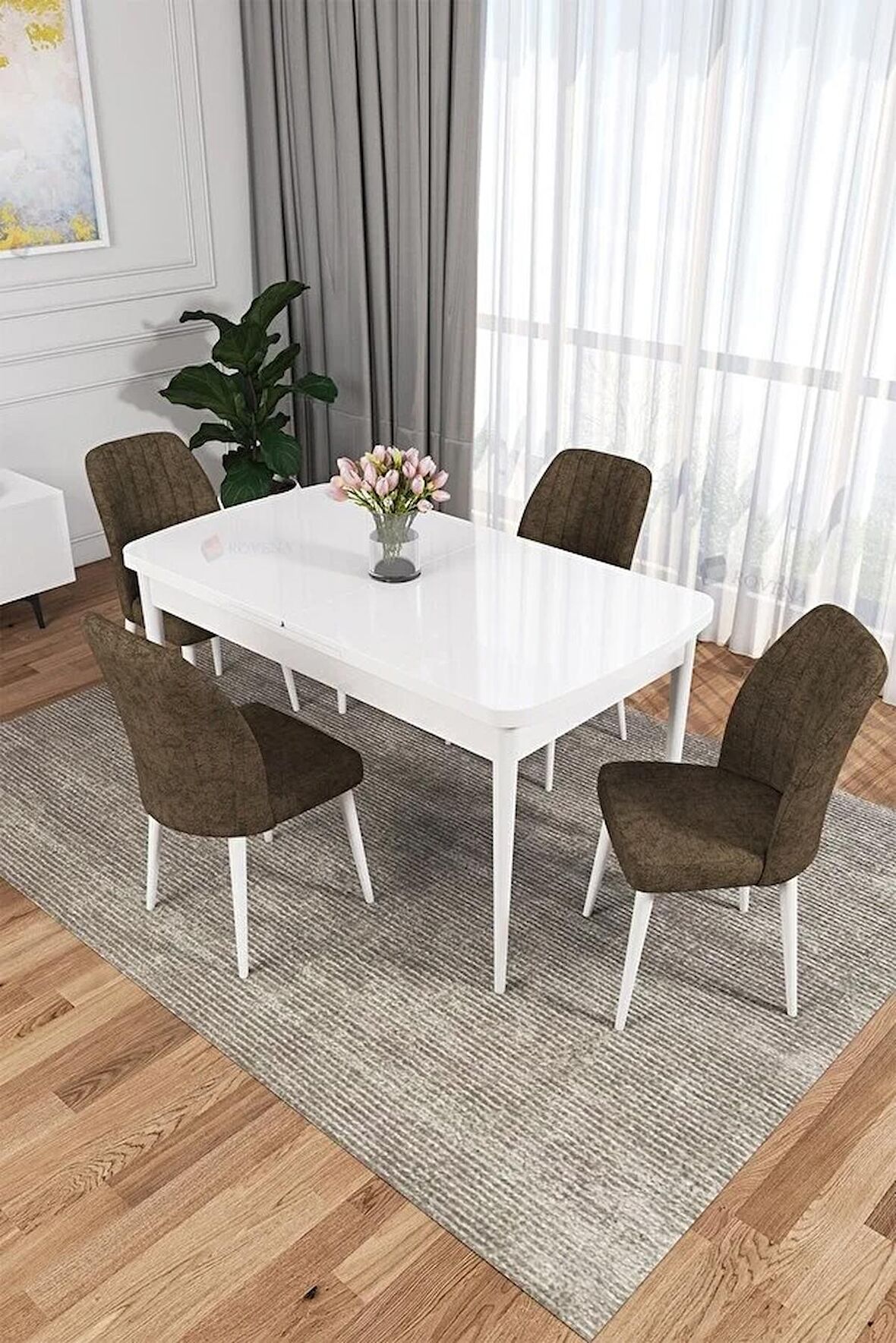 Rovena Zeta Beyaz 80x132 Açılabilir Mdf Yemek Odası Takımı 4 Adet Sandalye