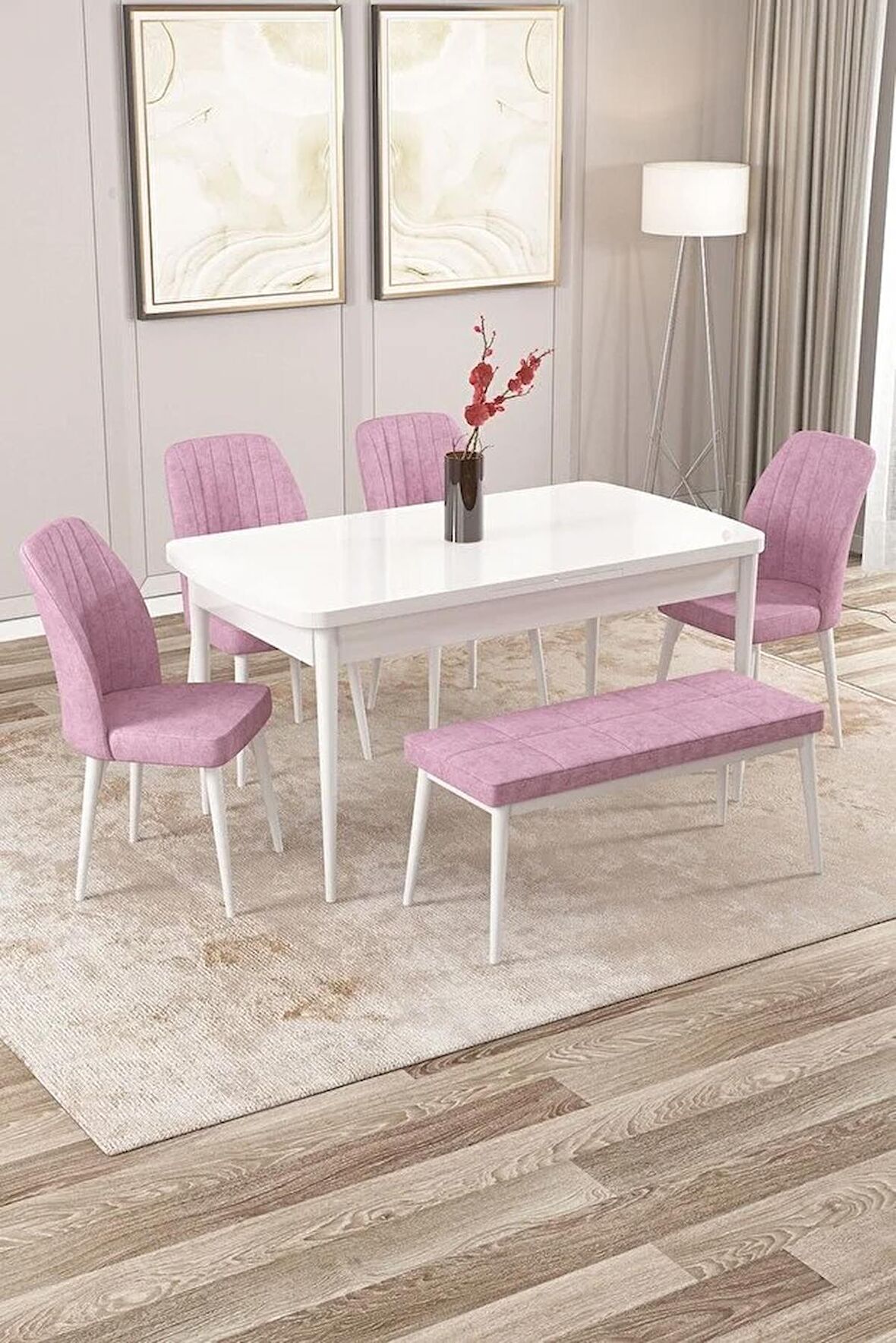 Rovena Zeta Beyaz 80x132 Açılabilir Mdf Yemek Odası Takımı 4 Adet Sandalye + 1 Bench