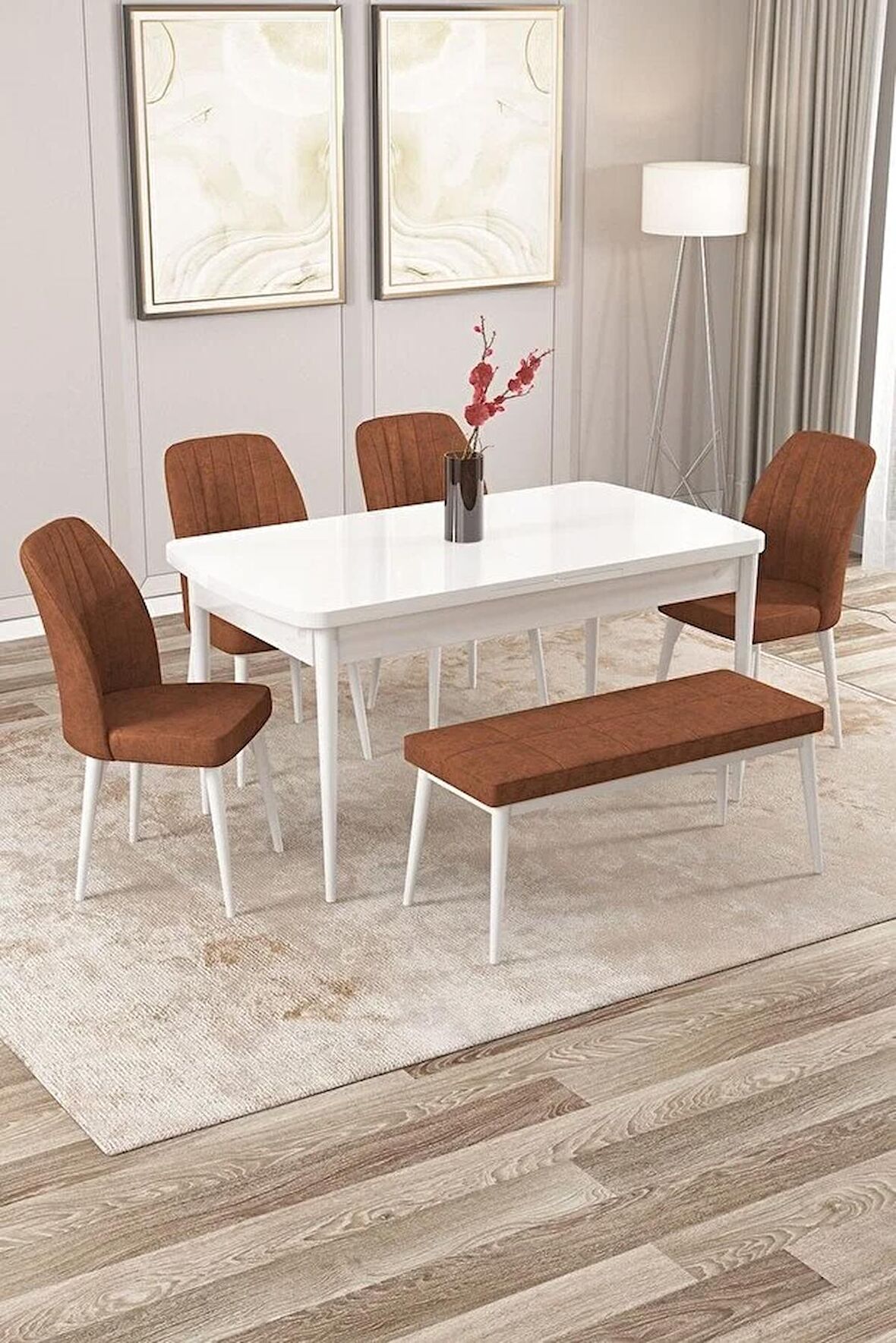 Rovena Zeta Beyaz 80x132 Açılabilir Mdf Yemek Odası Takımı 4 Adet Sandalye + 1 Bench